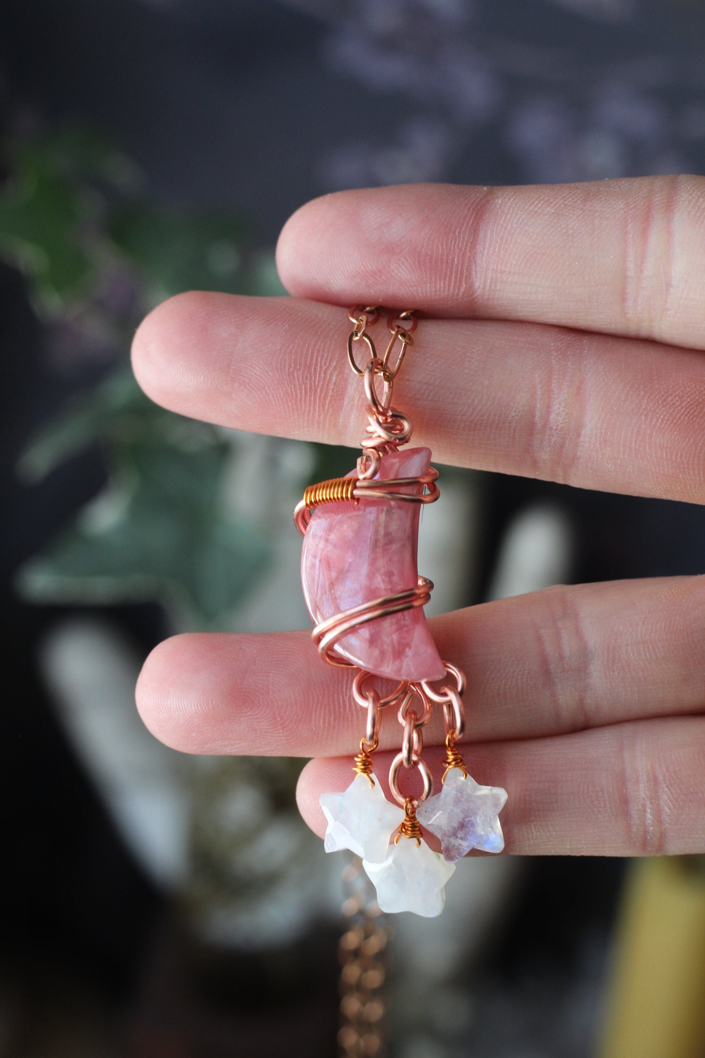 Wire Wrapped Rhodochrosite Moon with Moonstone Stars Copper Pendant