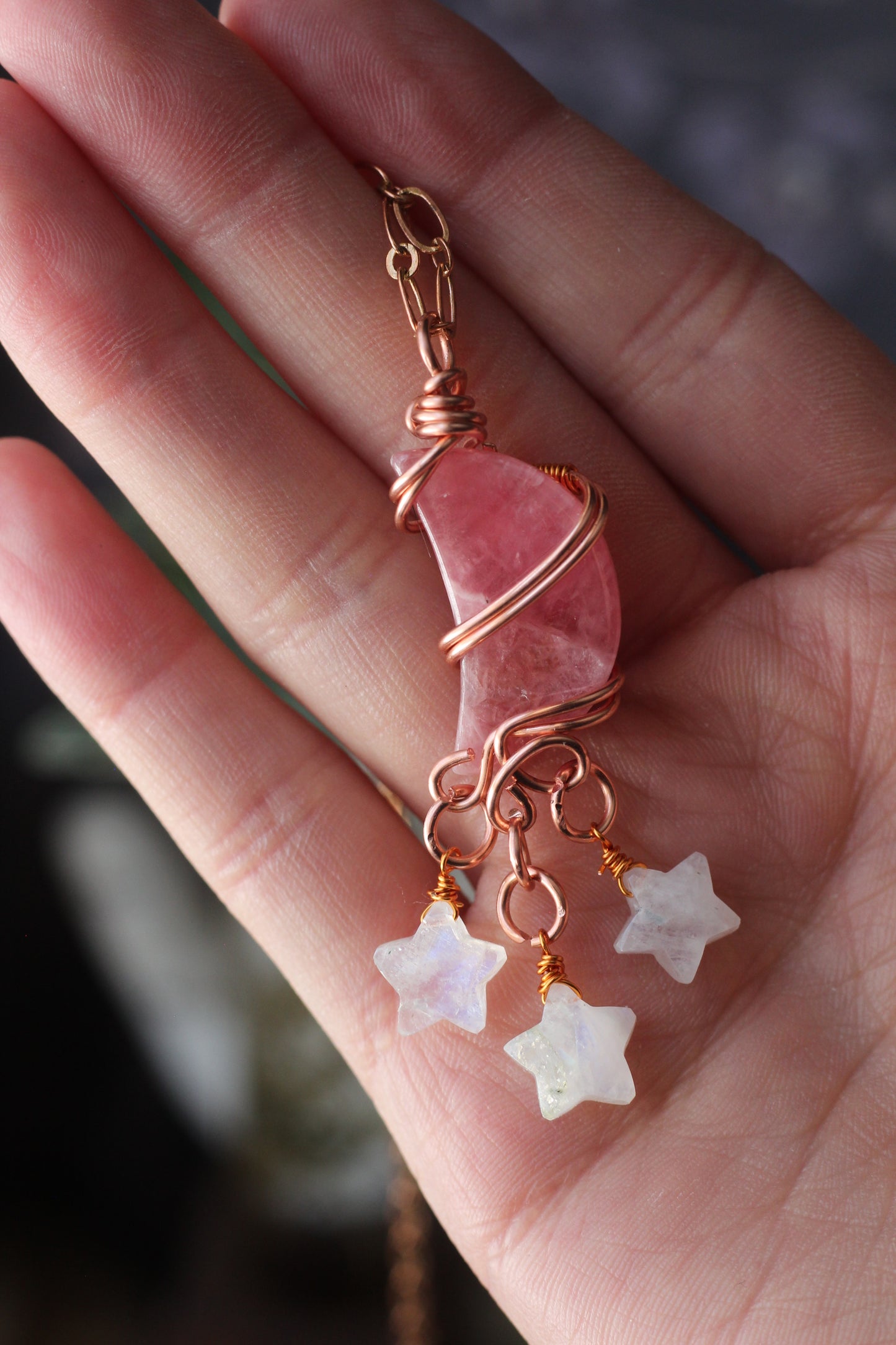 Wire Wrapped Rhodochrosite Moon with Moonstone Stars Copper Pendant