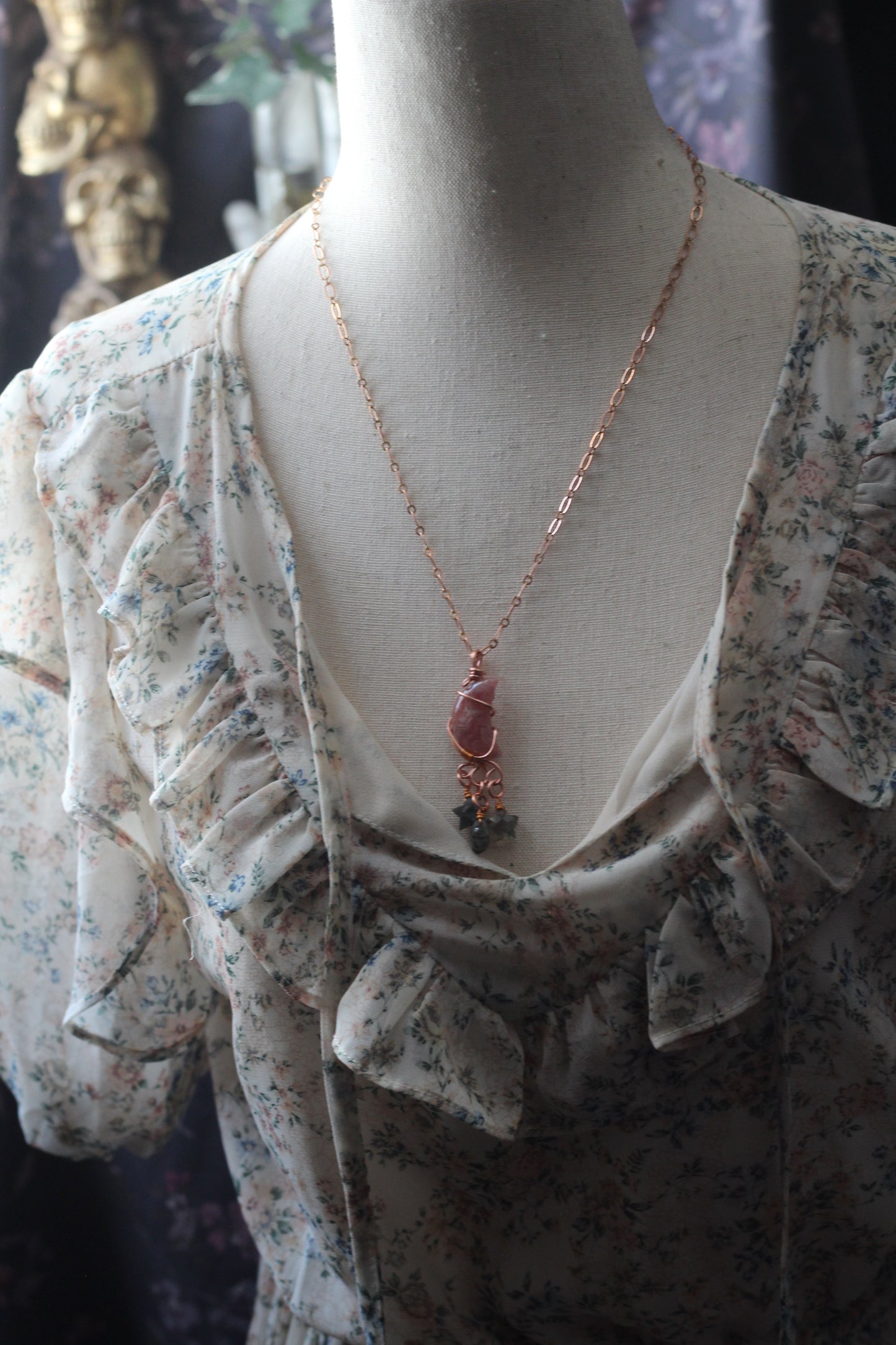 Wire Wrapped Rhodochrosite Moon with Labradorite Stars Copper Necklace