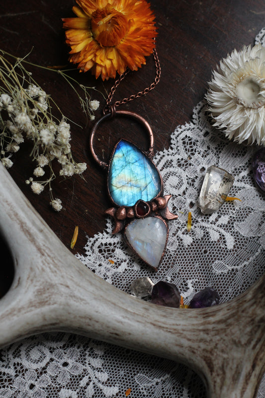 Labradorite and Moonstone with Garnet Copper Pendant