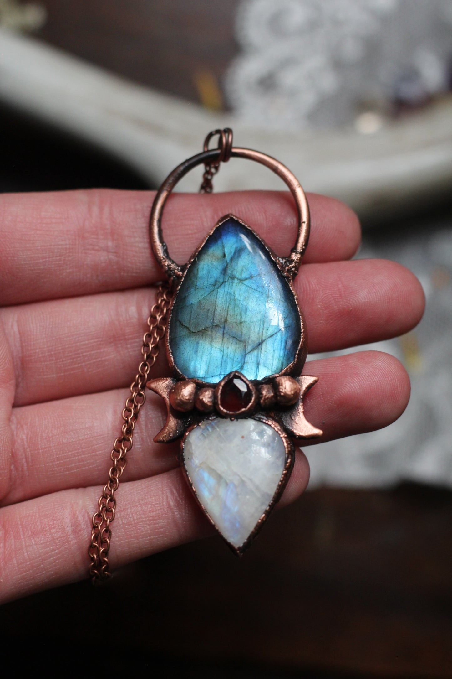 Labradorite and Moonstone with Garnet Copper Pendant