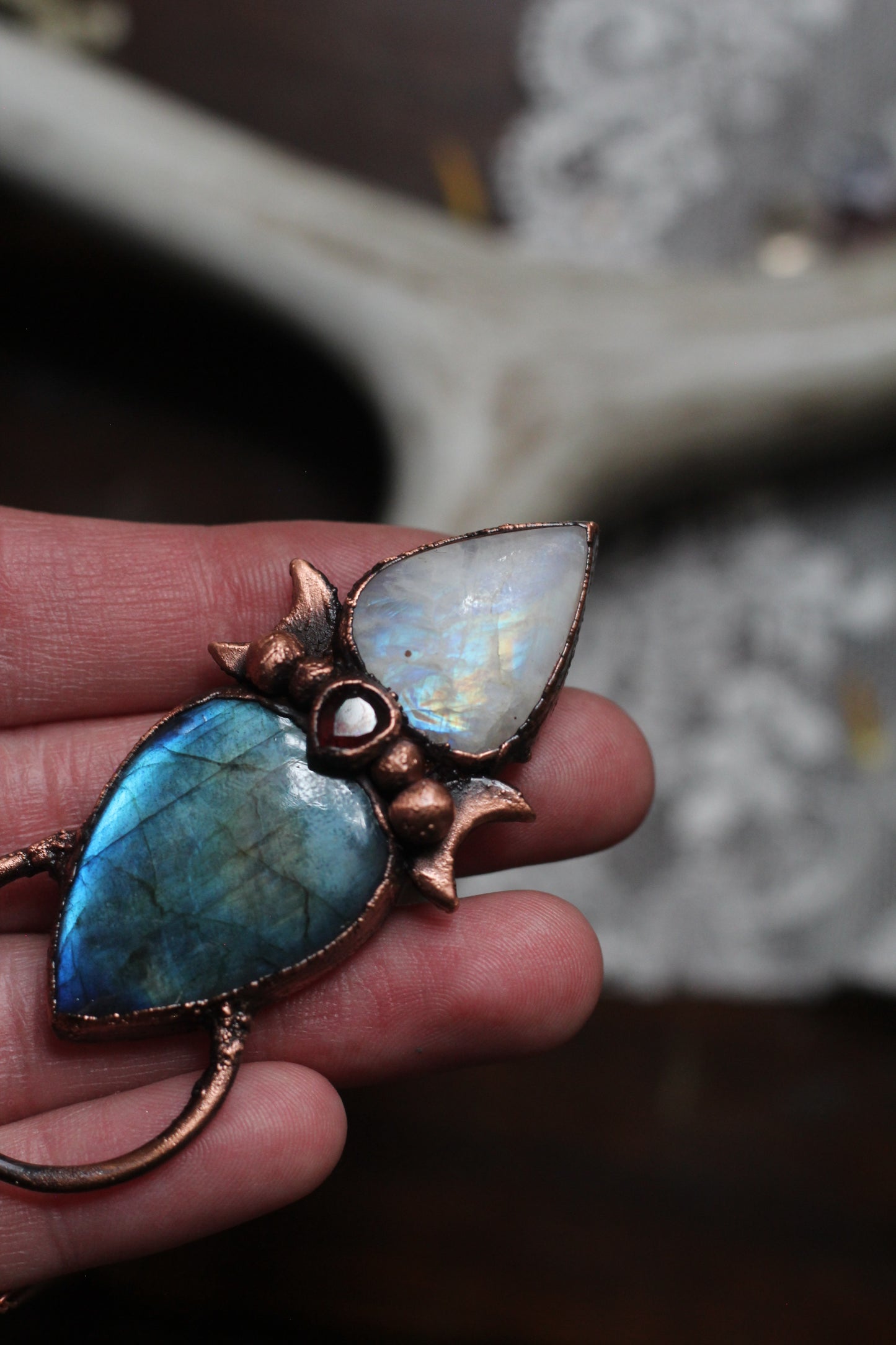 Labradorite and Moonstone with Garnet Copper Pendant