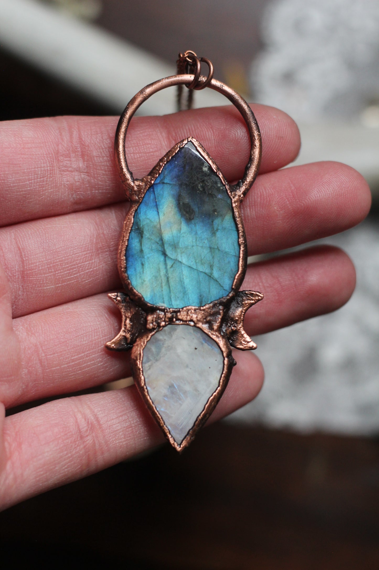 Labradorite and Moonstone with Garnet Copper Pendant