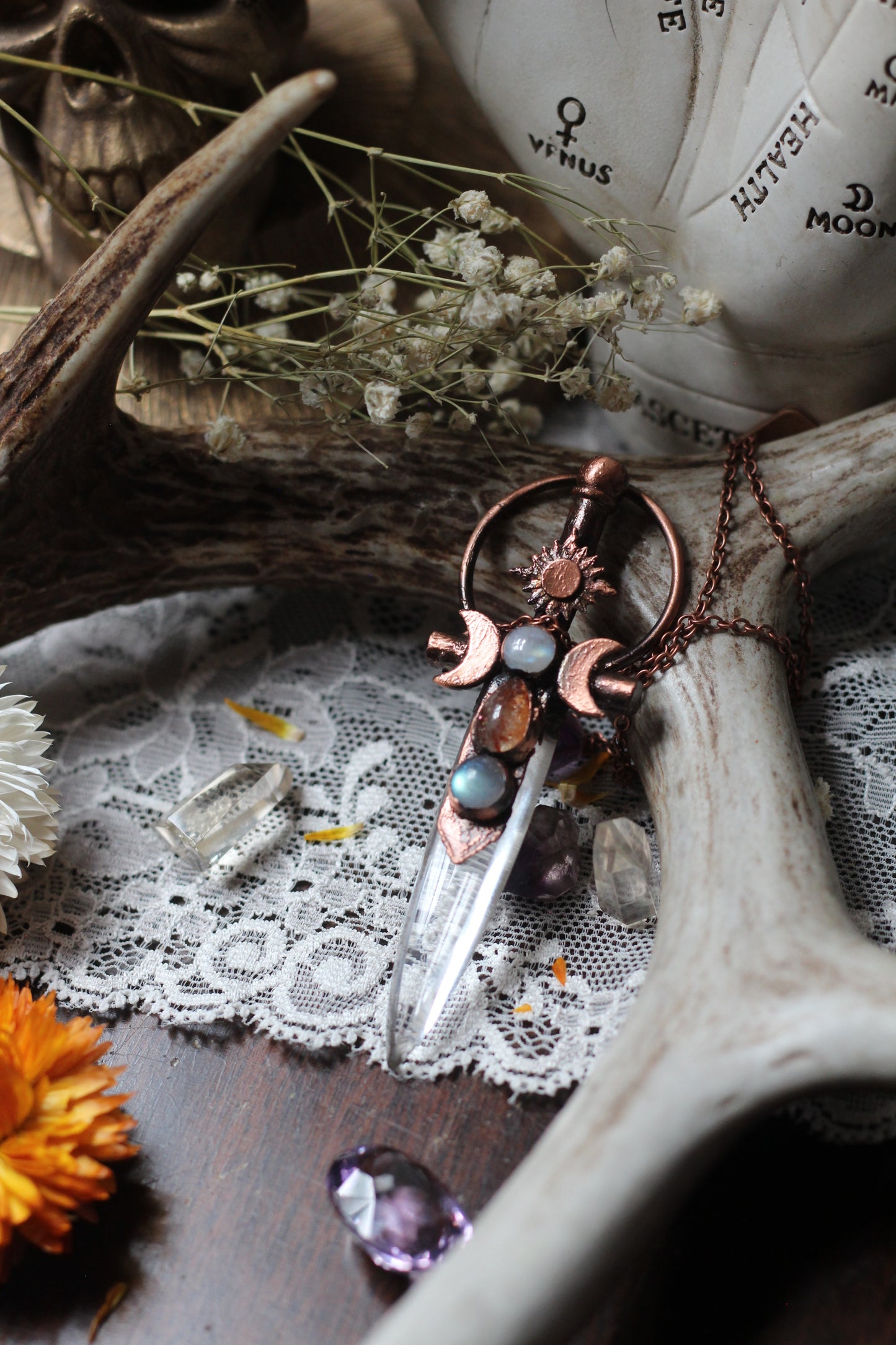 Duality, Celestial Warrior: Quartz Blade with Moonstone, Labradorite and Sunstone Copper Pendant