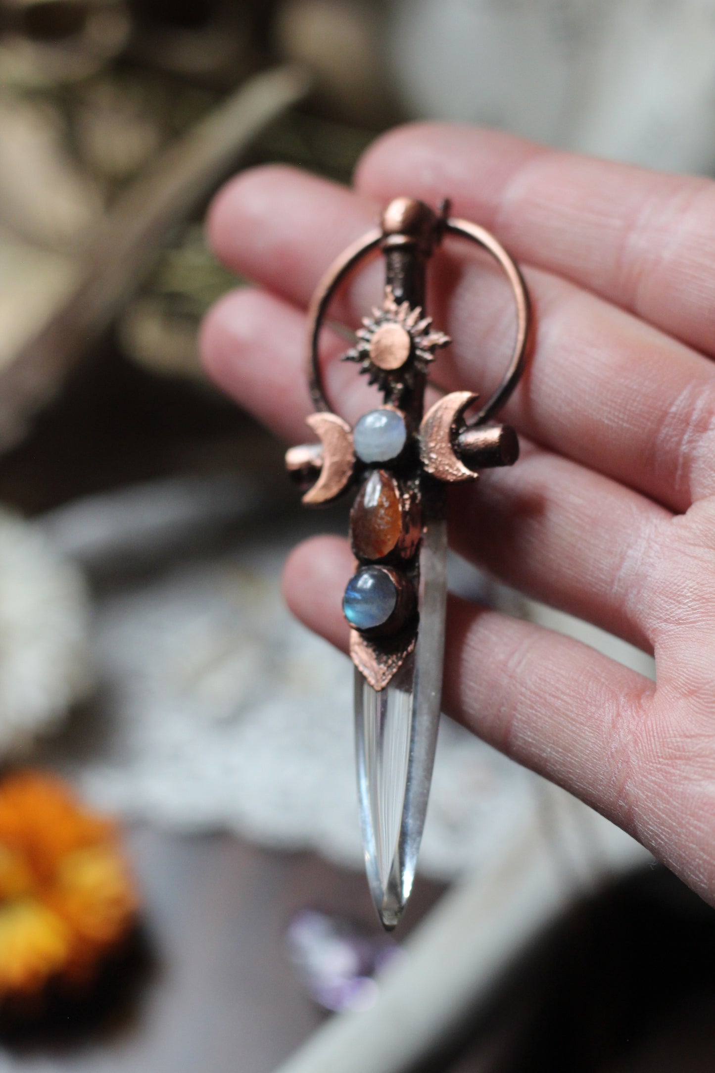 Duality, Celestial Warrior: Quartz Blade with Moonstone, Labradorite and Sunstone Copper Pendant