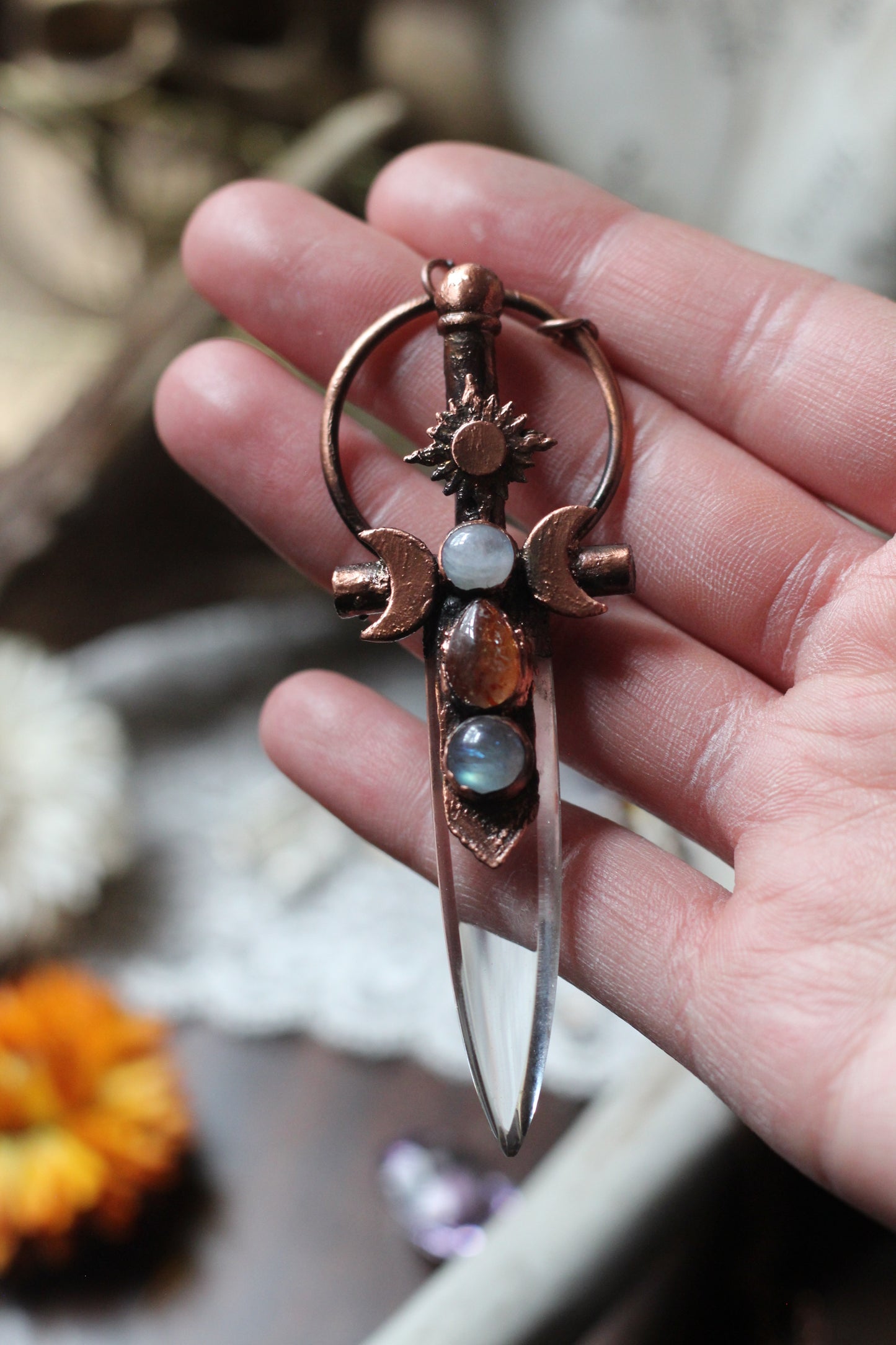 Duality, Celestial Warrior: Quartz Blade with Moonstone, Labradorite and Sunstone Copper Pendant