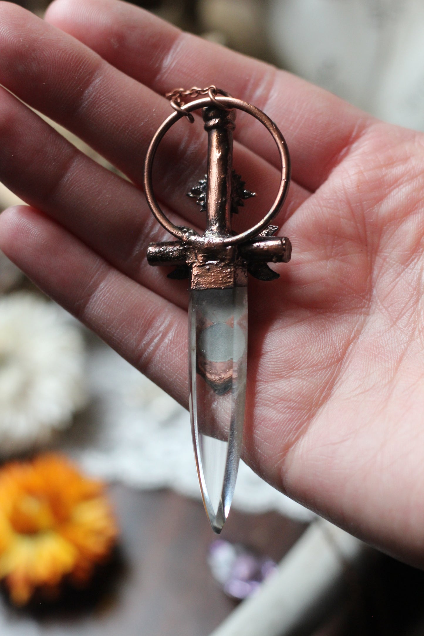 Duality, Celestial Warrior: Quartz Blade with Moonstone, Labradorite and Sunstone Copper Pendant