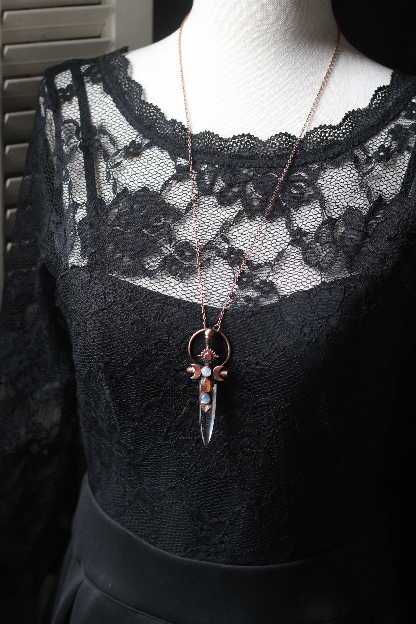 Duality, Celestial Warrior: Quartz Blade with Moonstone, Labradorite and Sunstone Copper Pendant