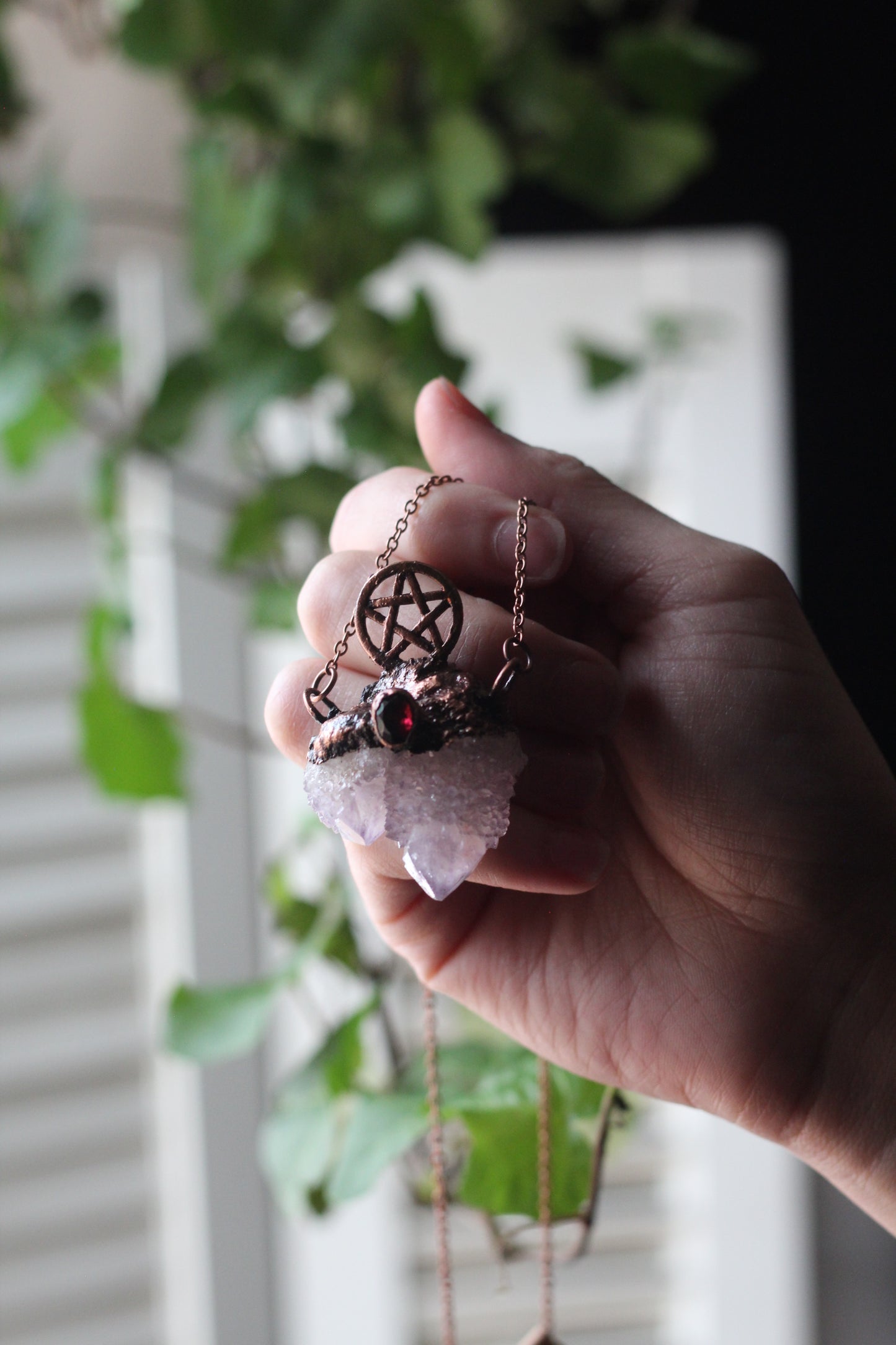 Amethyst Sprit Quartz and Garnet Pentacle Copper Necklace