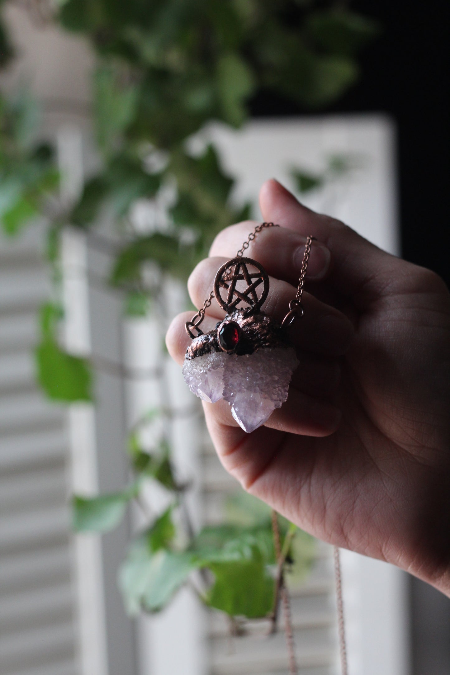 Amethyst Sprit Quartz and Garnet Pentacle Copper Necklace