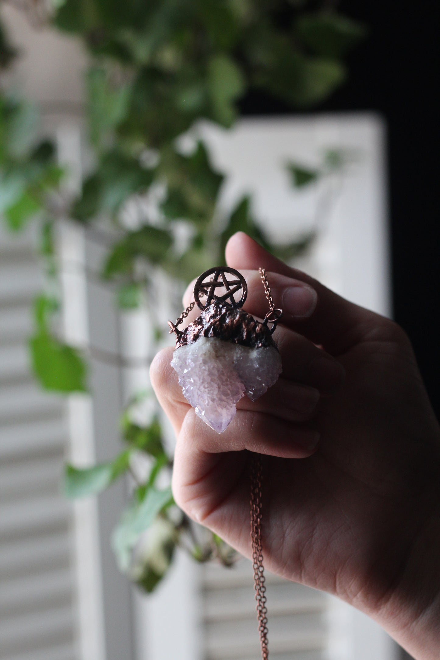 Amethyst Sprit Quartz and Garnet Pentacle Copper Necklace