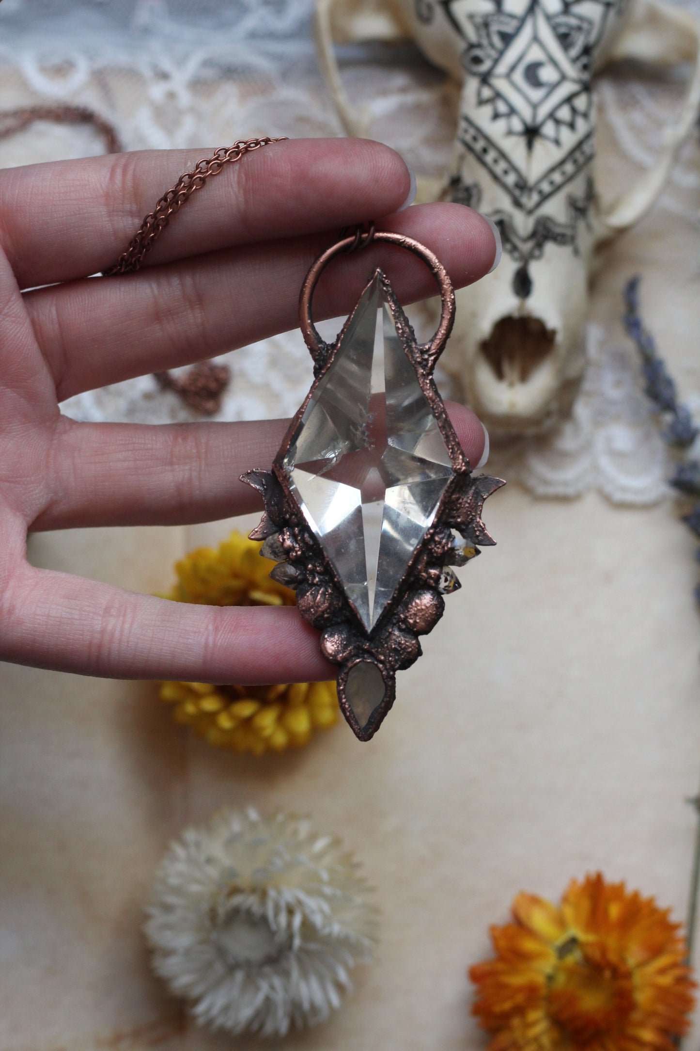 Glimmers of Hope: Geometric Citrine with Moonstone, Pakimer, Garnet, and Labradorite Copper Pendant