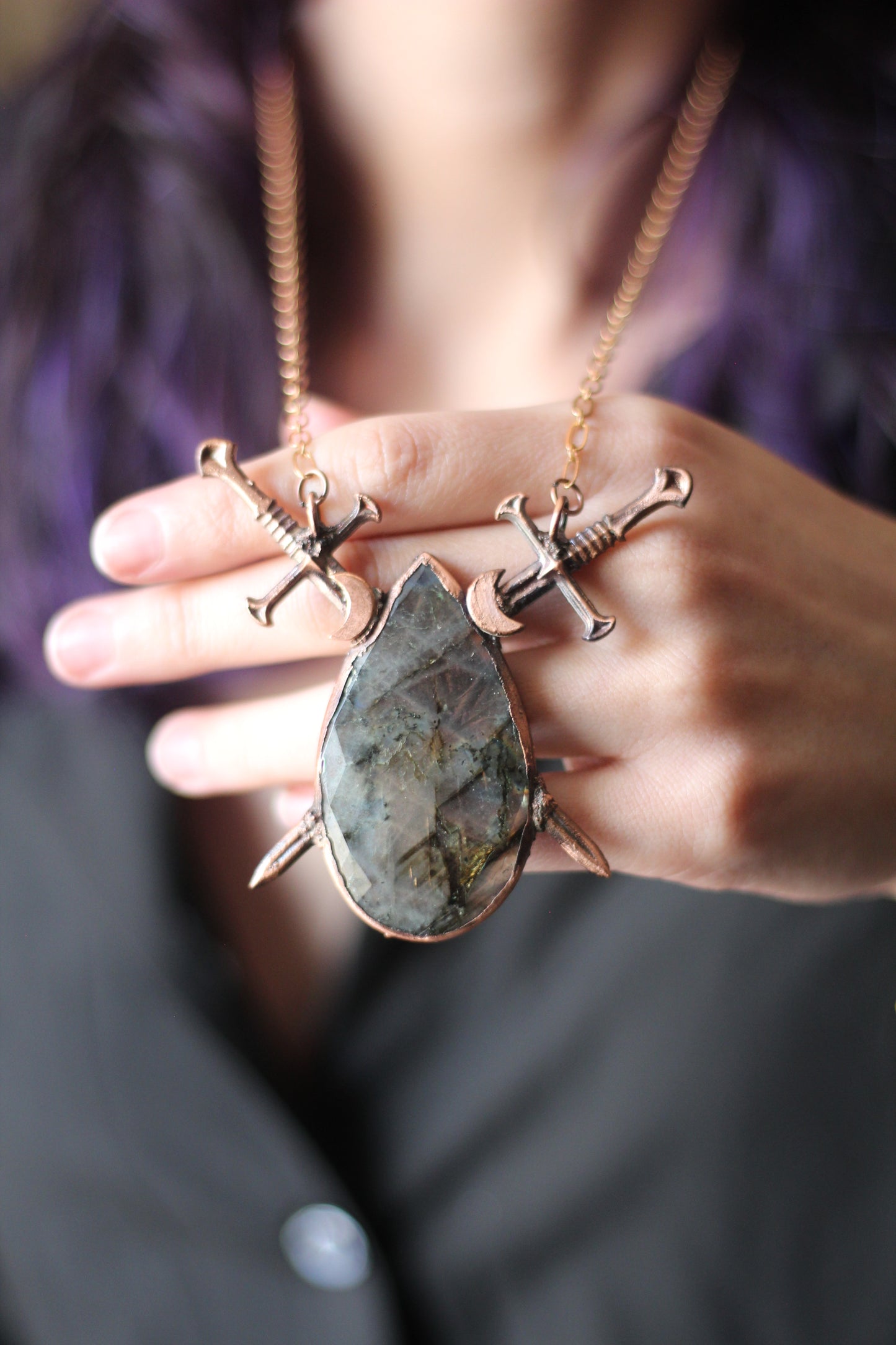 The Sword Suit: Purple Labradorite with Sword and Moon Copper Pendant