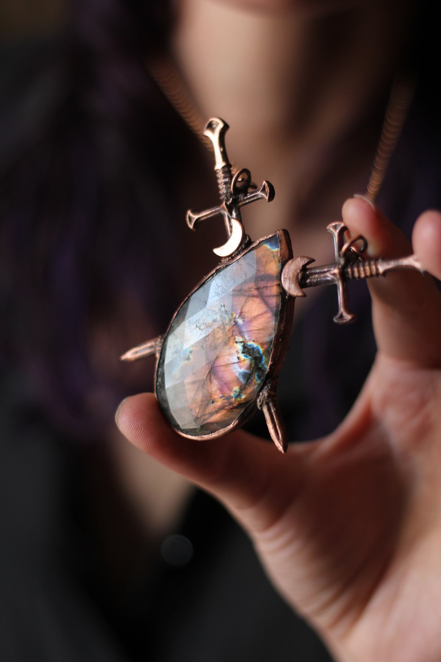 The Sword Suit: Purple Labradorite with Sword and Moon Copper Pendant