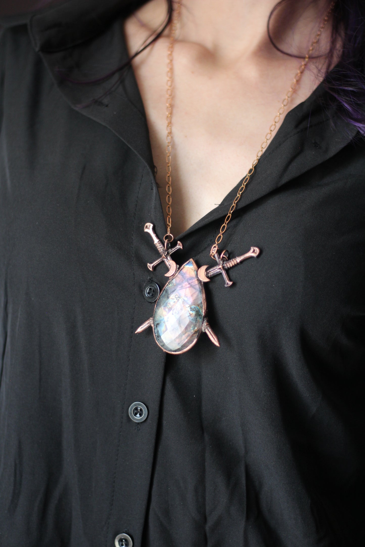 The Sword Suit: Purple Labradorite with Sword and Moon Copper Pendant