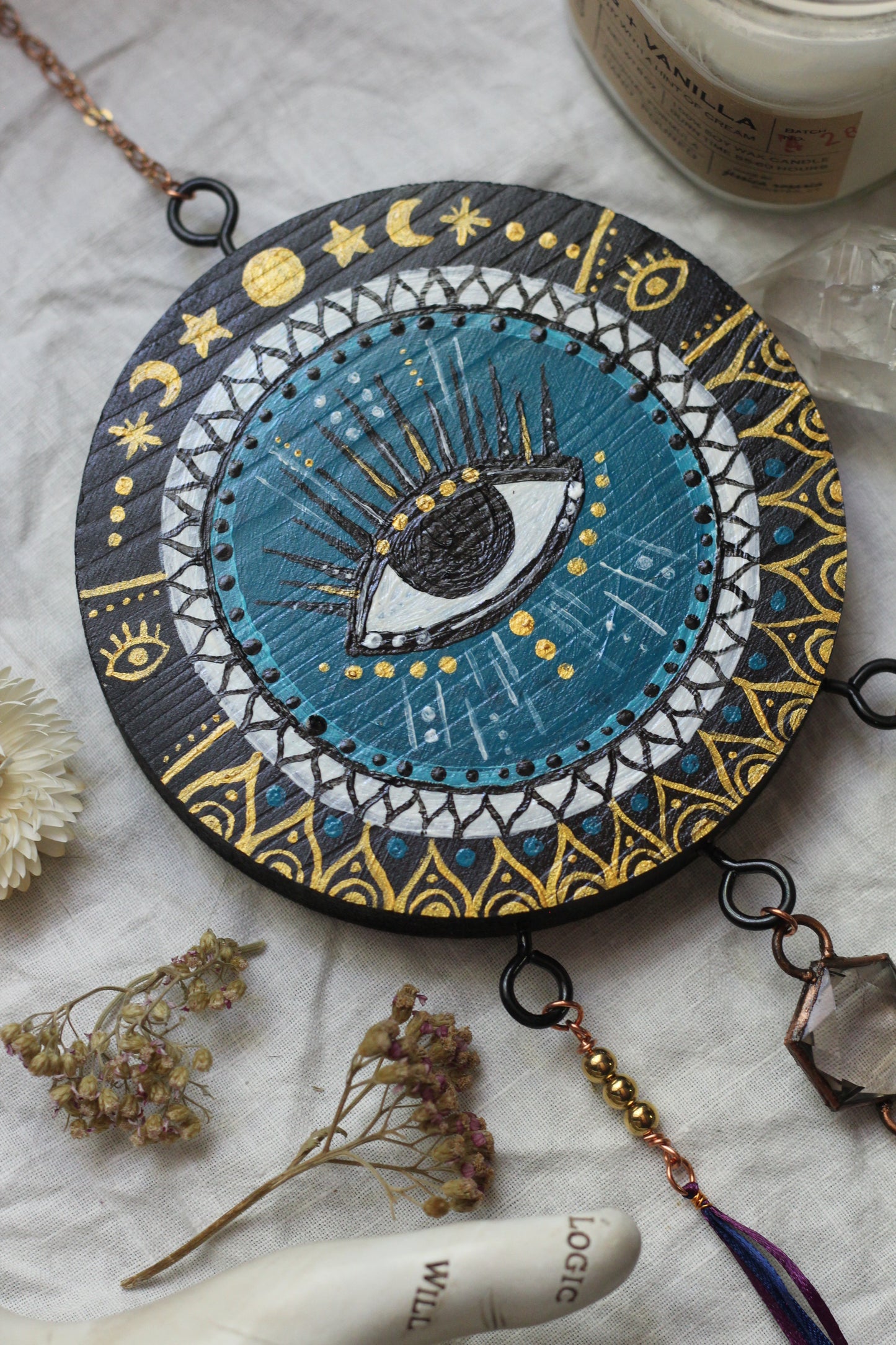 Hand Painted Eye with Crystal Hexagon Wall Hanging