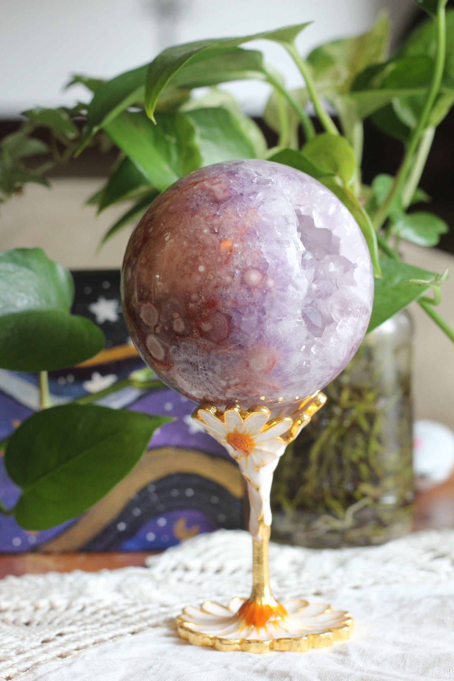 Flower Agate and Amethyst Sphere