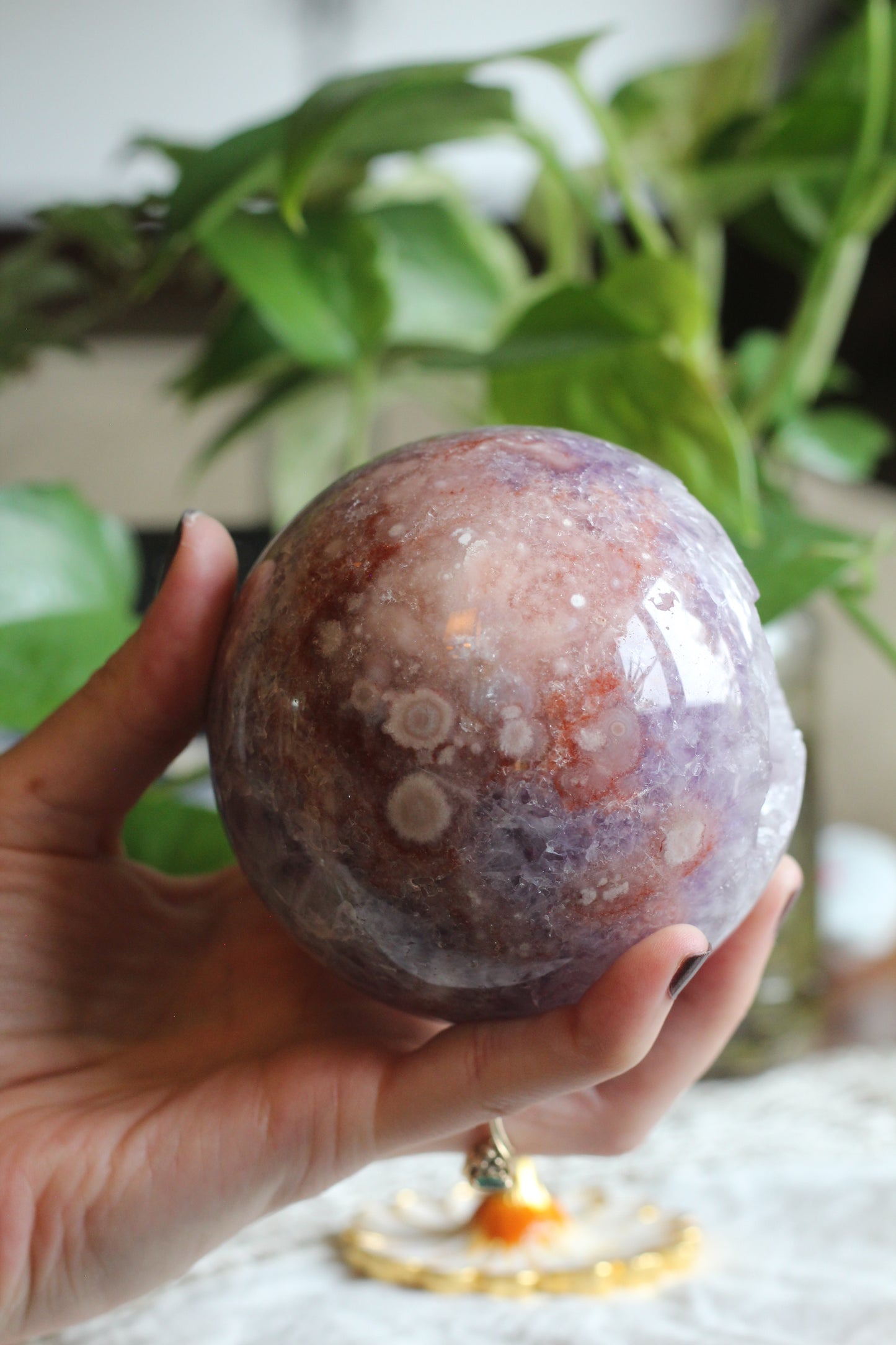 Flower Agate and Amethyst Sphere