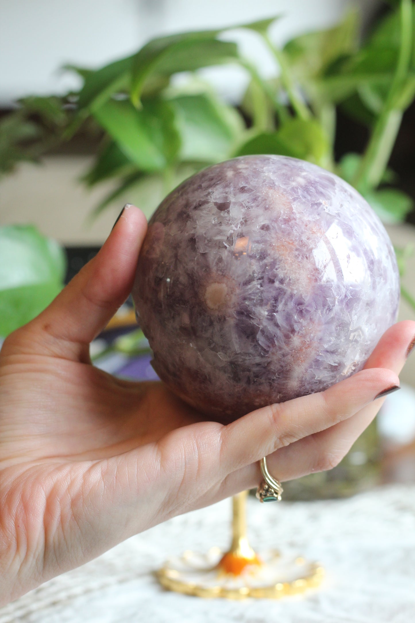 Flower Agate and Amethyst Sphere