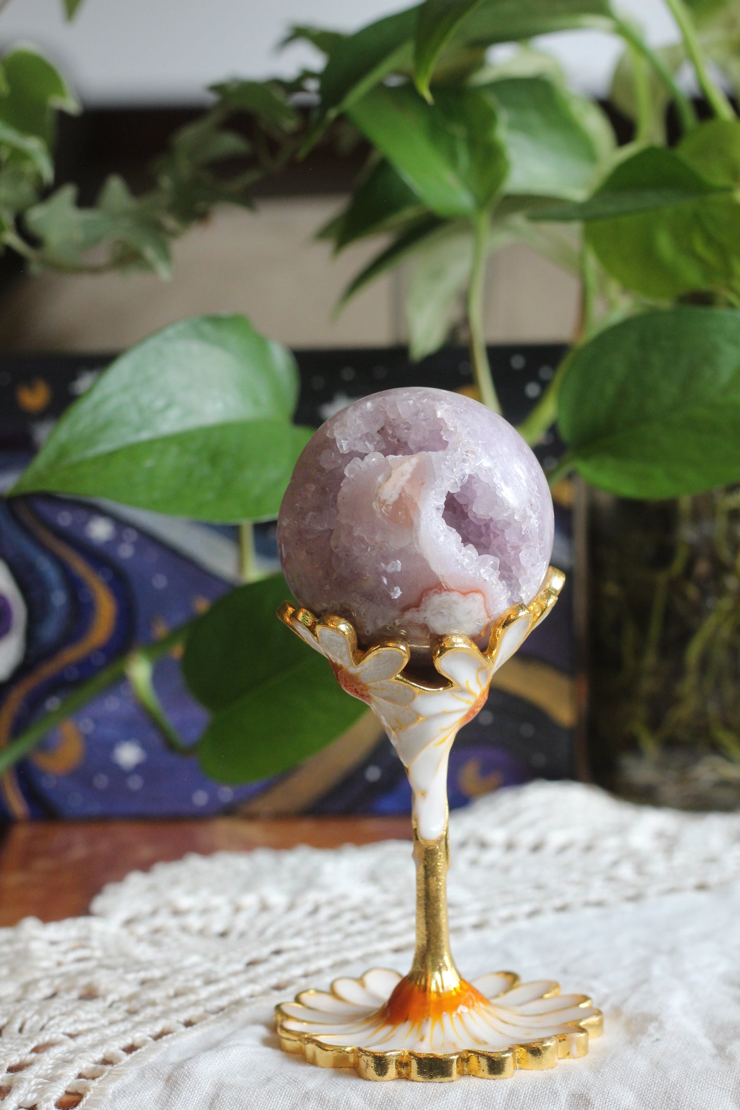 Flower Agate and Amethyst Sphere