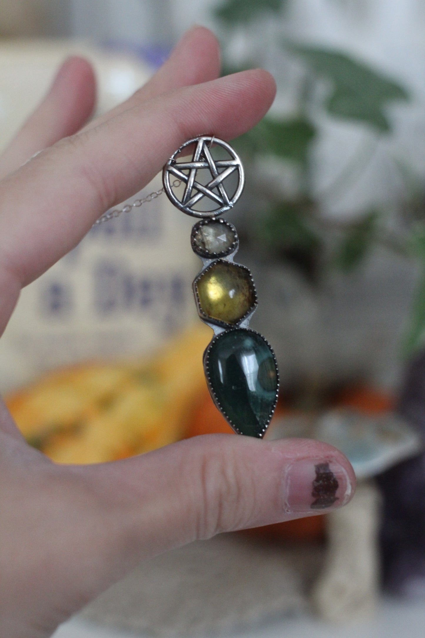 Sterling Silver Pentacle Necklace with Citrine, Amber, and Ocean Jasper