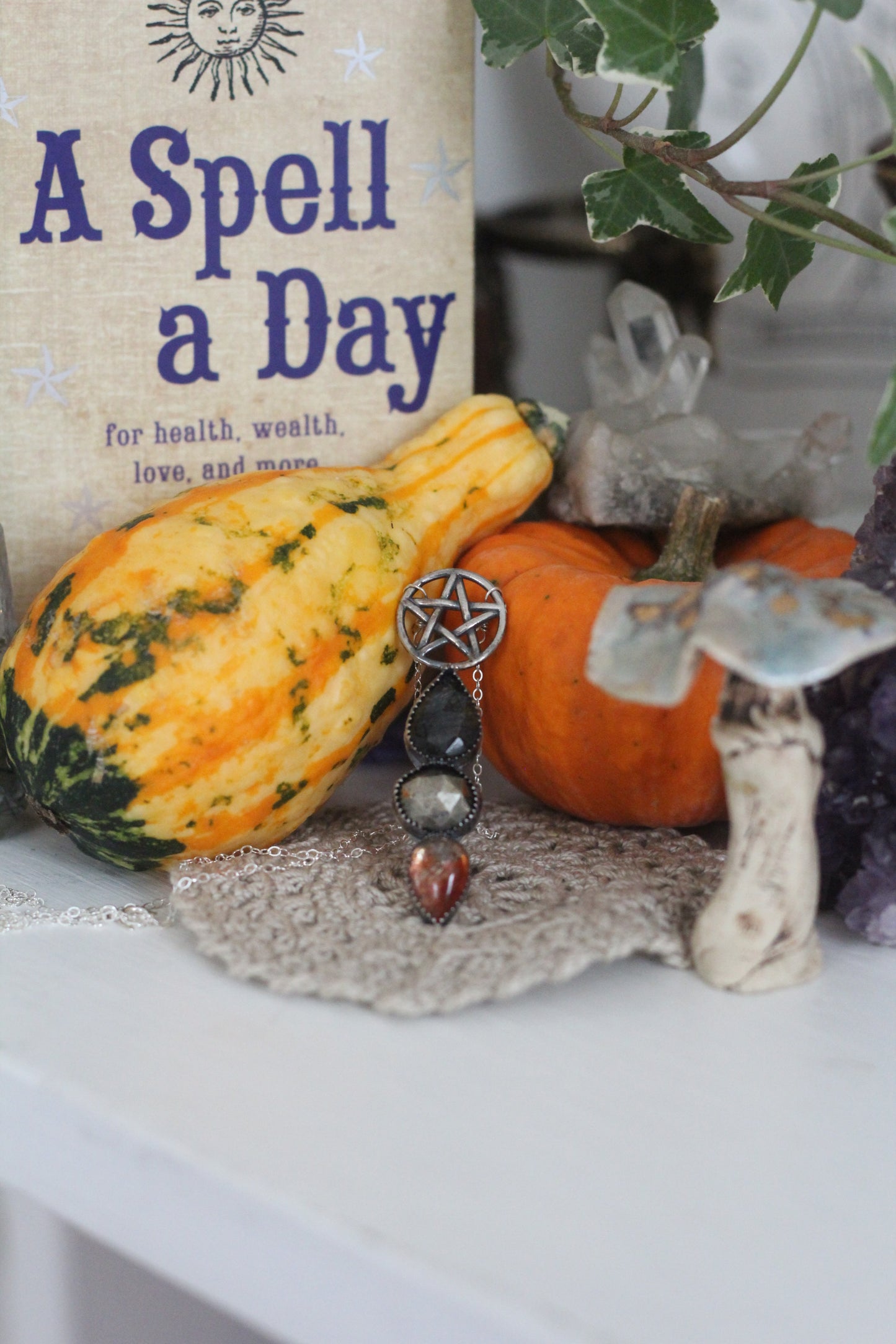 Sterling Silver Pentacle Necklace with Tourmalinated Quartz, Pyrite, and Sunstone