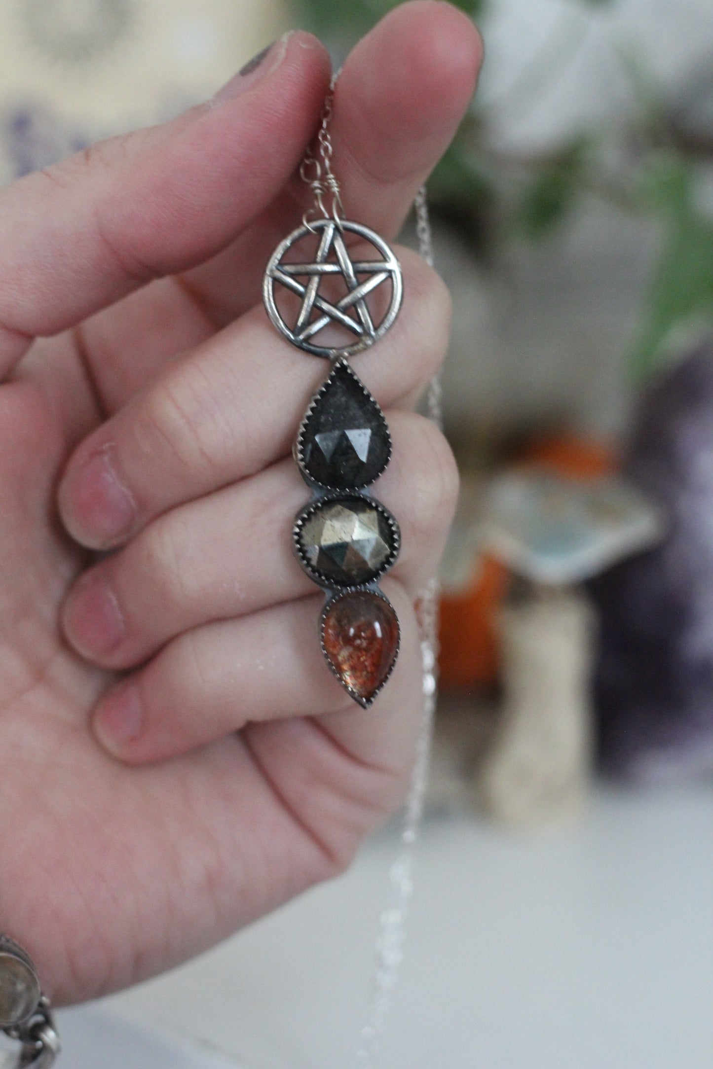 Sterling Silver Pentacle Necklace with Tourmalinated Quartz, Pyrite, and Sunstone