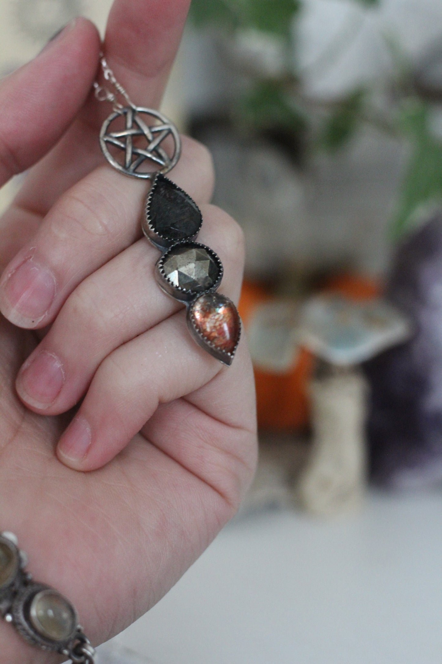 Sterling Silver Pentacle Necklace with Tourmalinated Quartz, Pyrite, and Sunstone