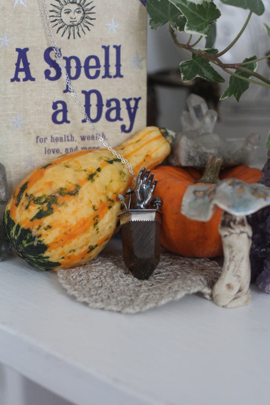 Sterling Silver Hand and Mushroom with Rutilated Smokey Quartz Pendant