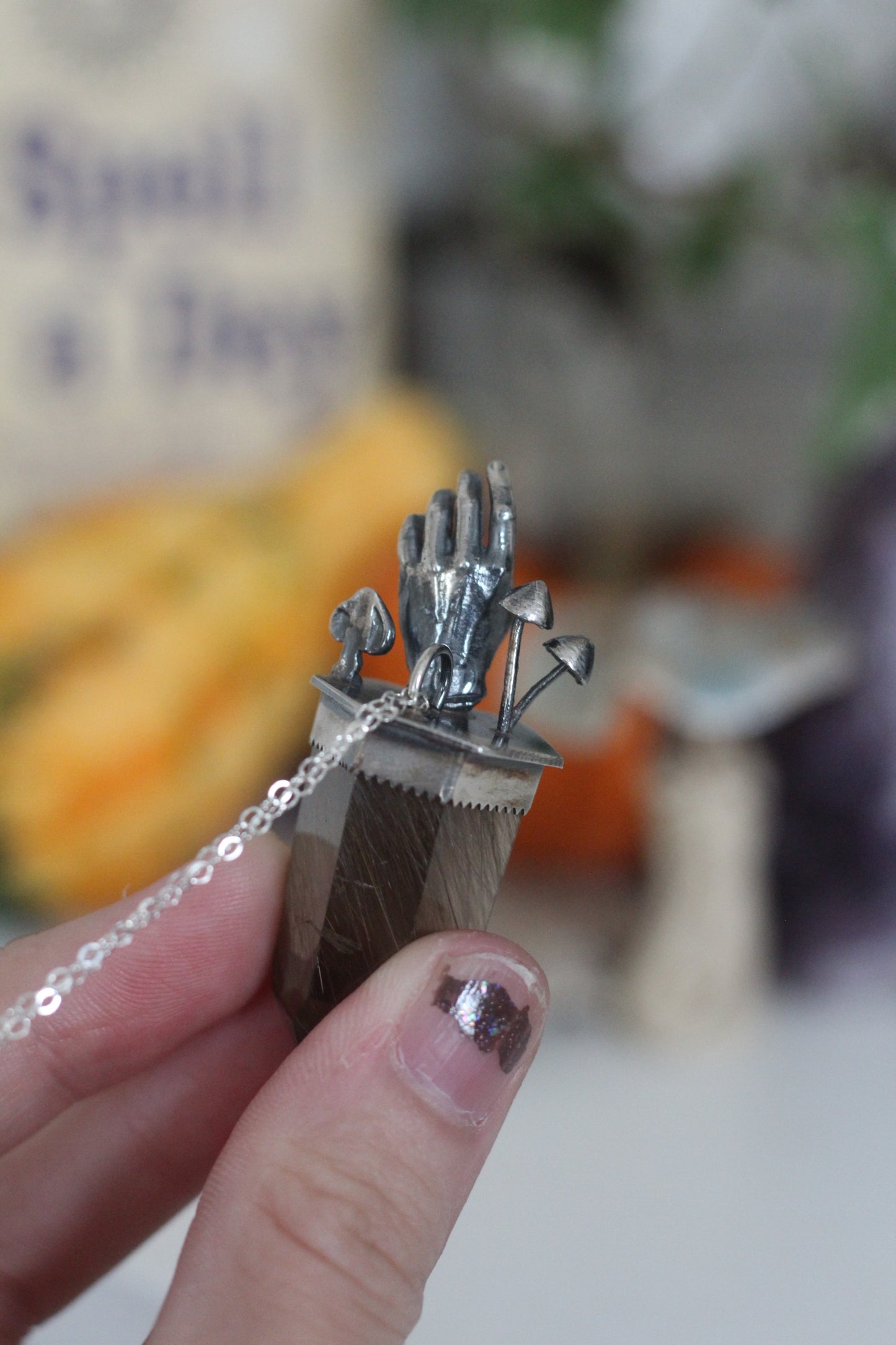 Sterling Silver Hand and Mushroom with Rutilated Smokey Quartz Pendant