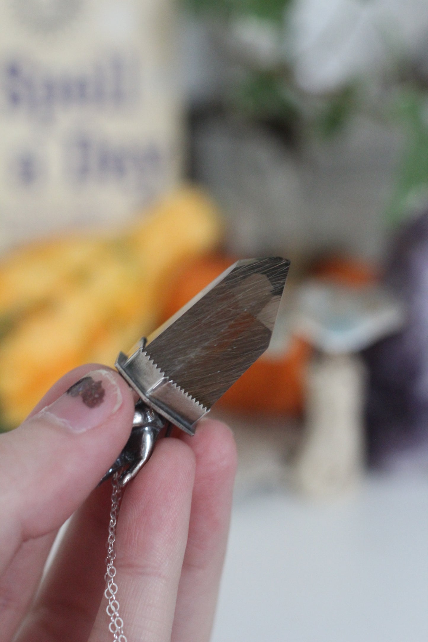 Sterling Silver Hand and Mushroom with Rutilated Smokey Quartz Pendant