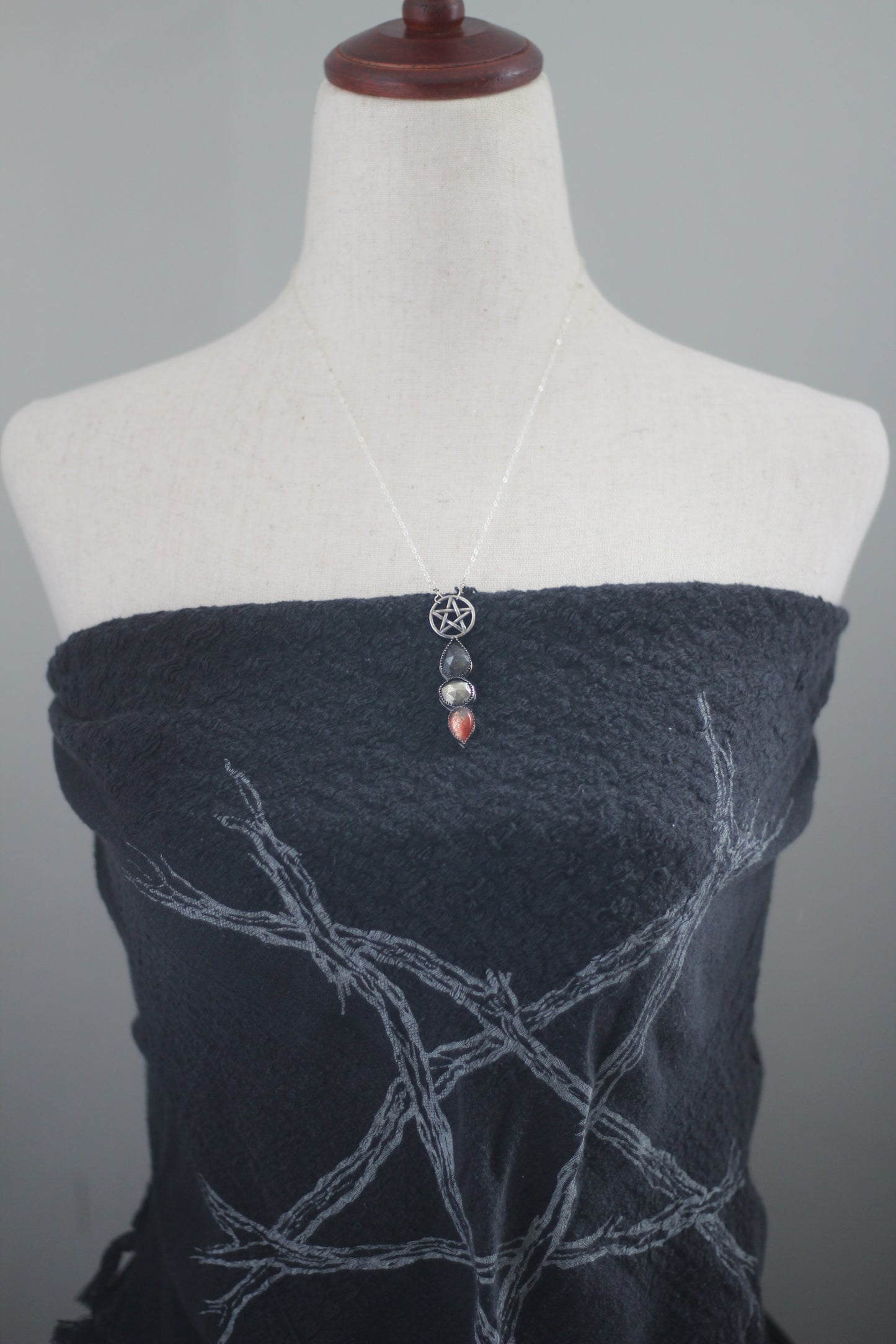 Sterling Silver Pentacle Necklace with Tourmalinated Quartz, Pyrite, and Sunstone