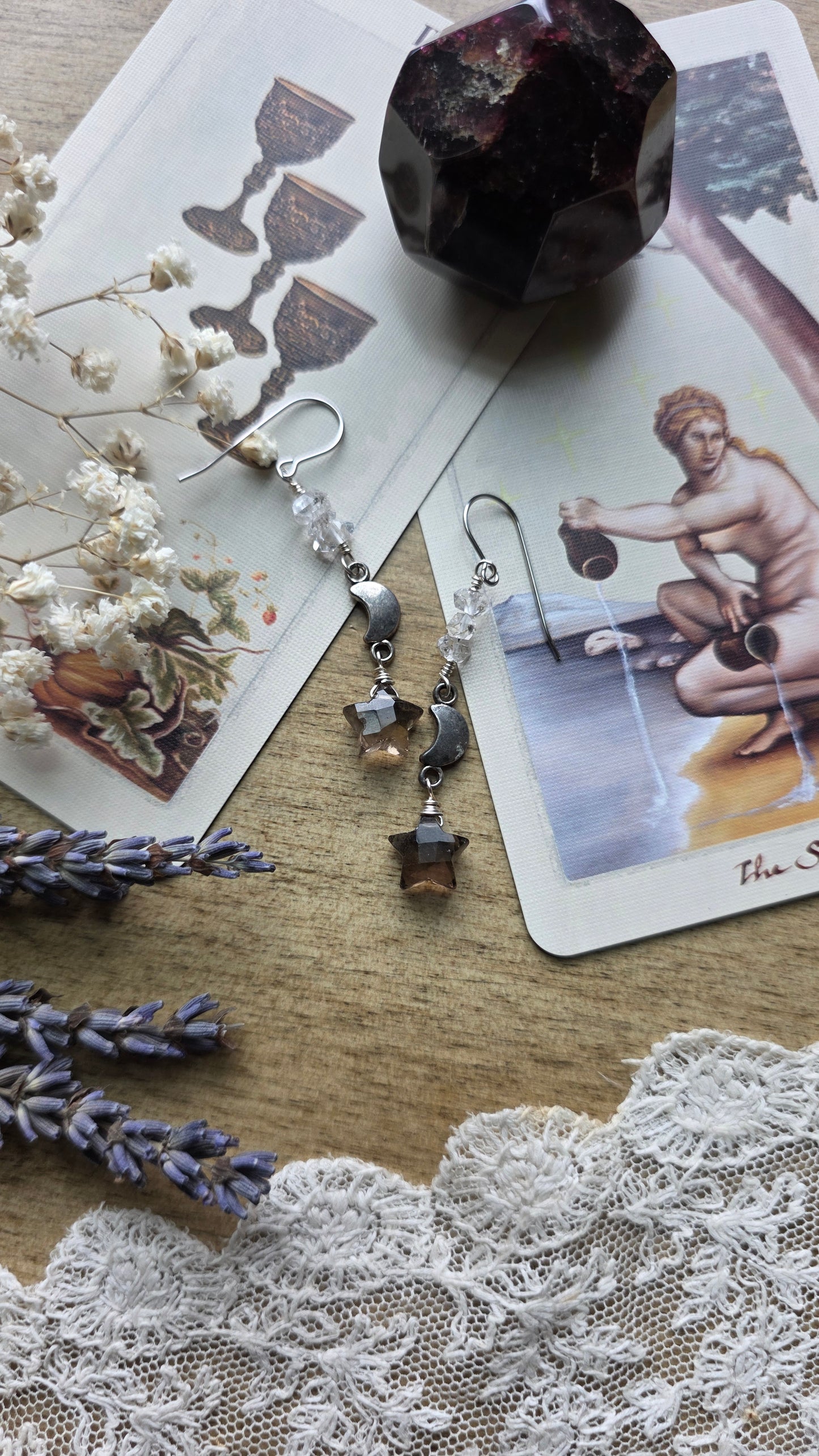Smokey Quartz Star and Herkimer Quartz Dangle Earrings