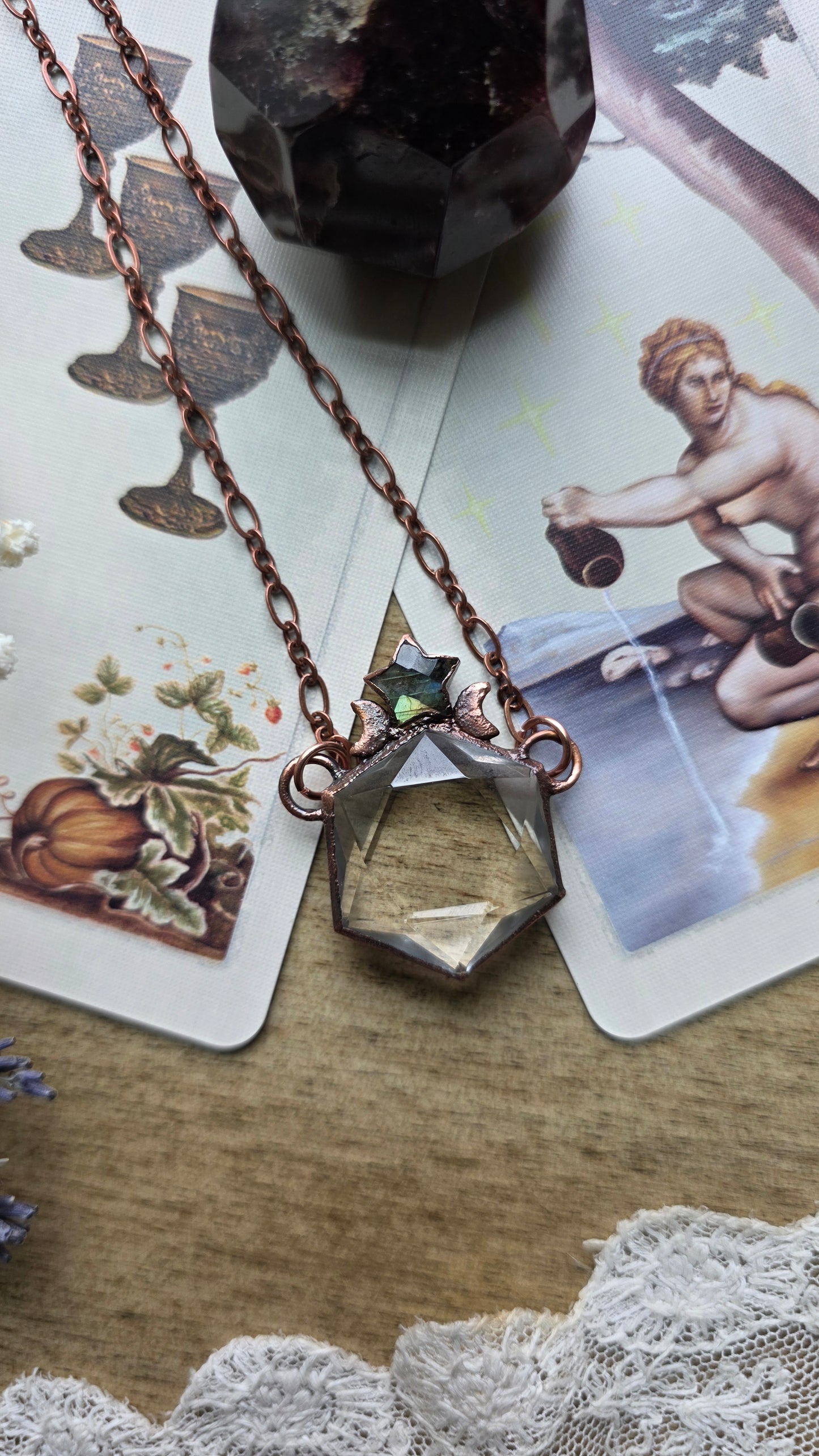 Quartz Hexagon with Labradorite Star Copper Necklace