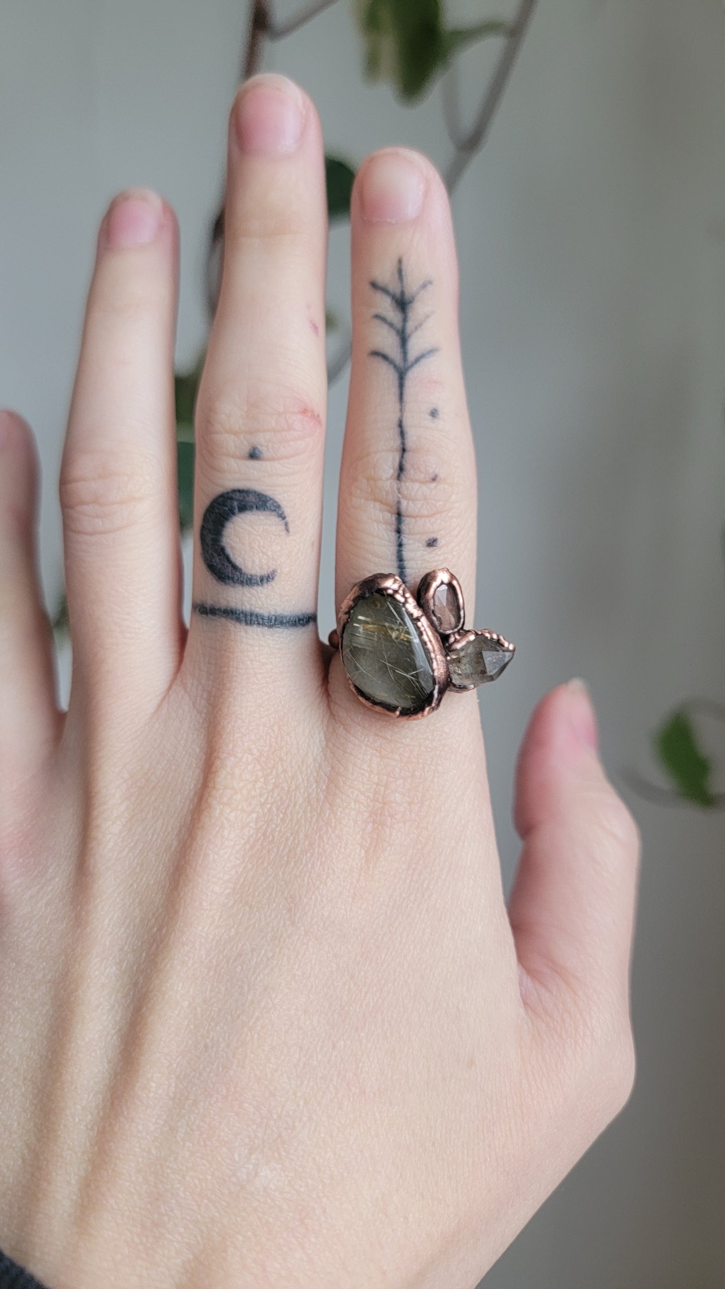 Rutilated Quartz, Pakimer, and Tourmaline Copper Ring Size 7 US