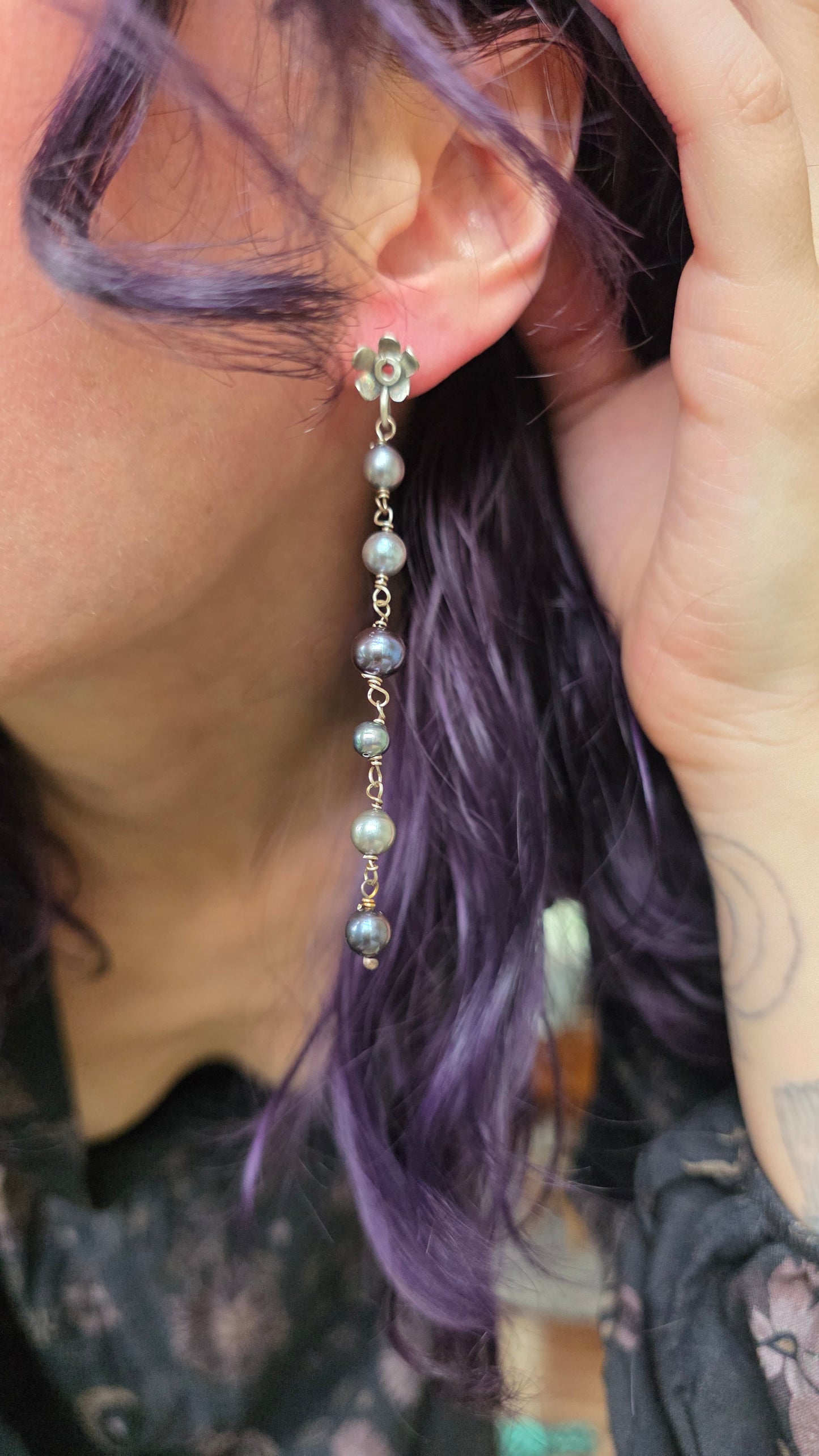 Forget-me-not Sterling Silver fabricated earrings with pearl