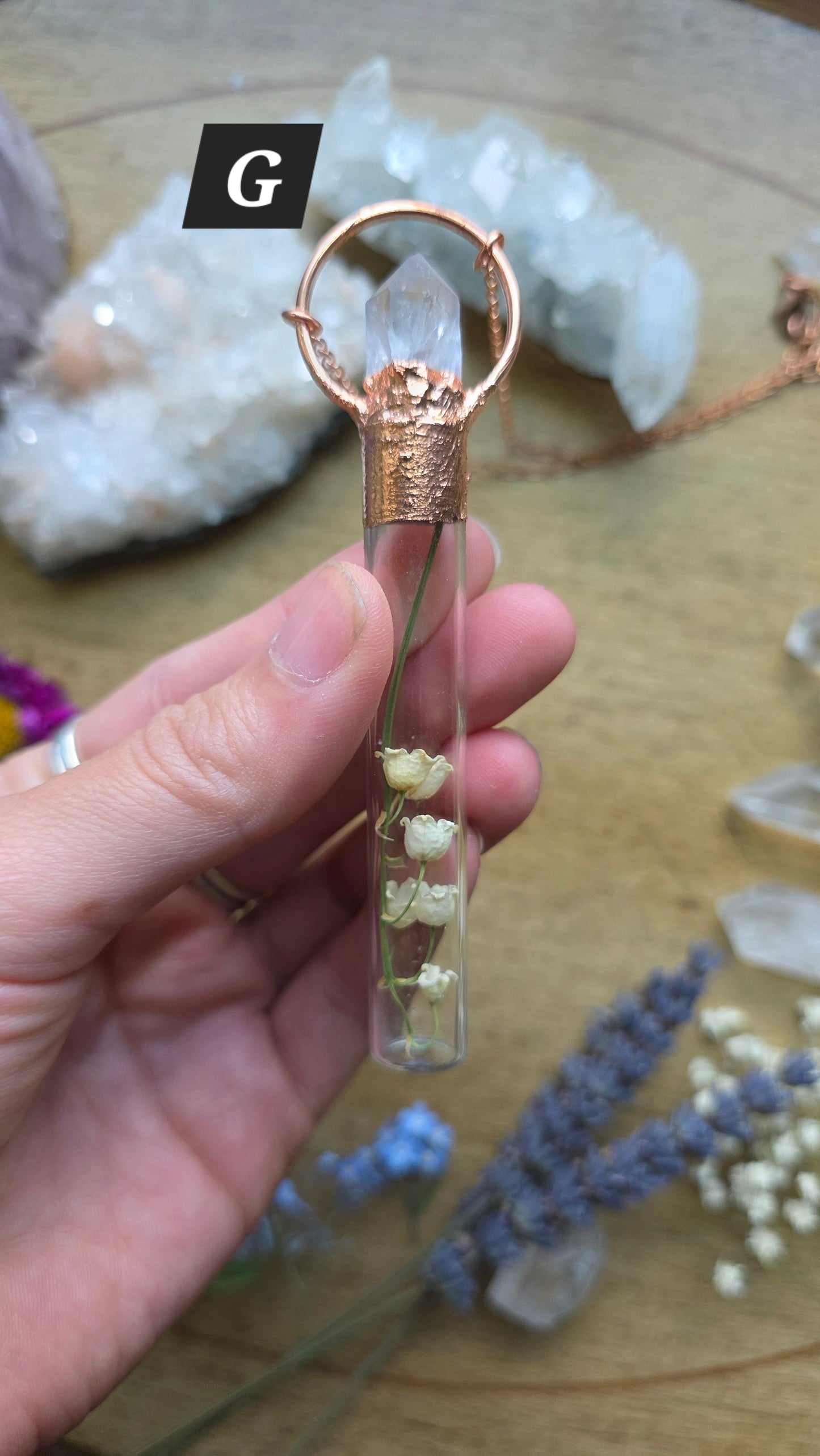 Lily of the Valley Copper Vial Necklace with Quartz