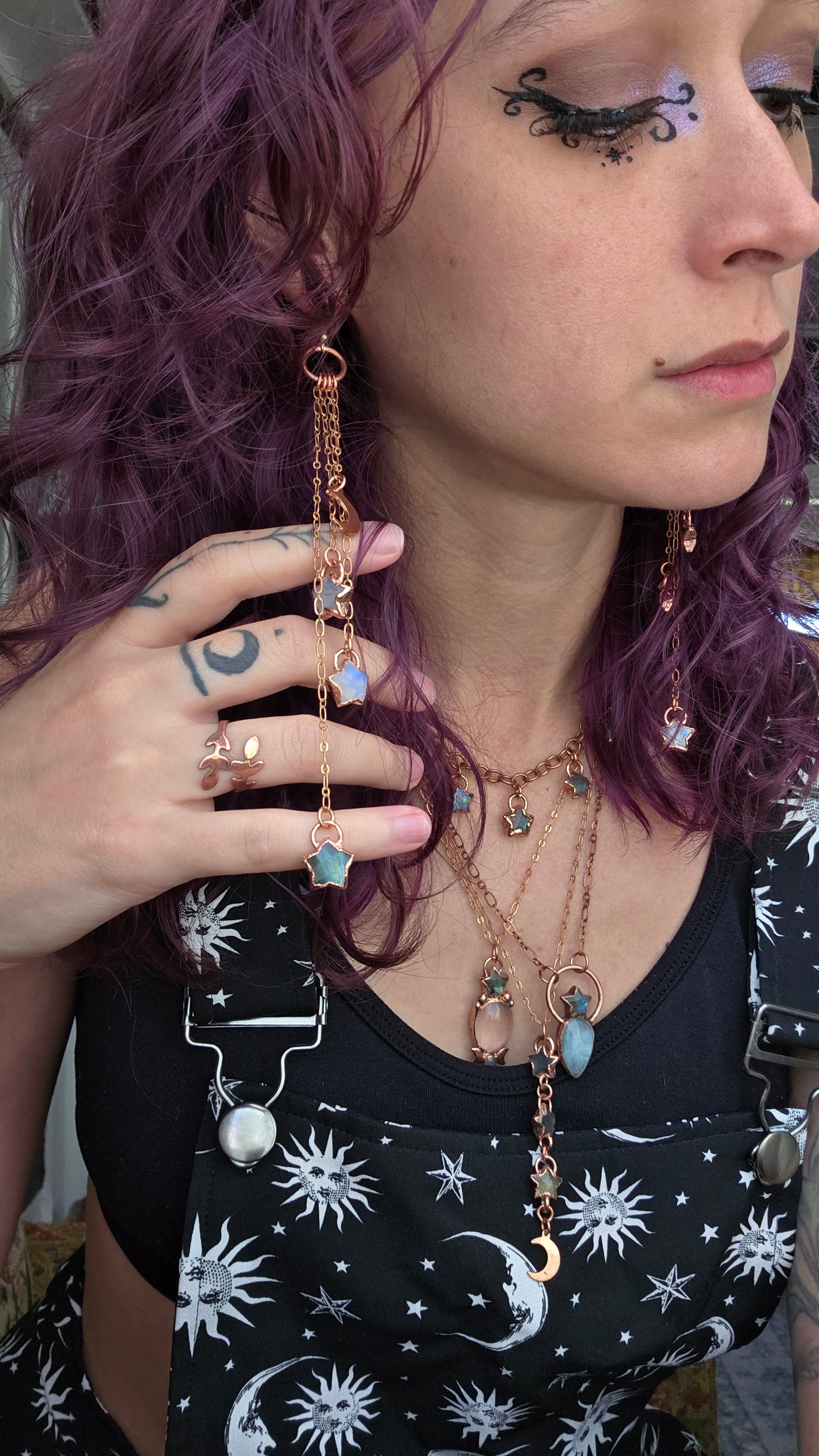 Long Statement Dangle Star Copper Earrings