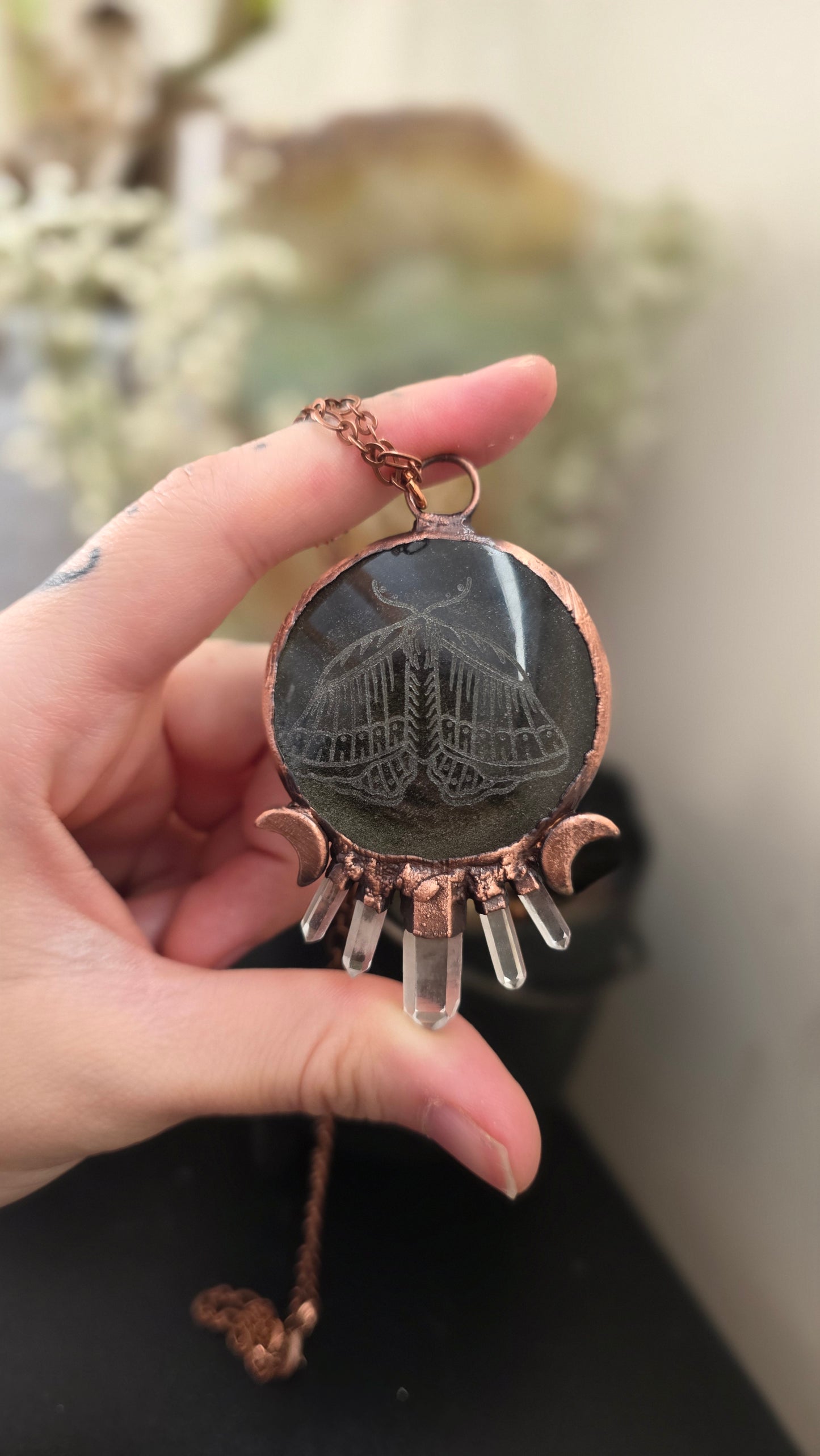 Gold sheen obsidian moth engraved copper pendant with quartz