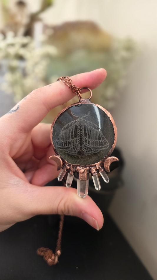 Gold sheen obsidian moth engraved copper pendant with quartz