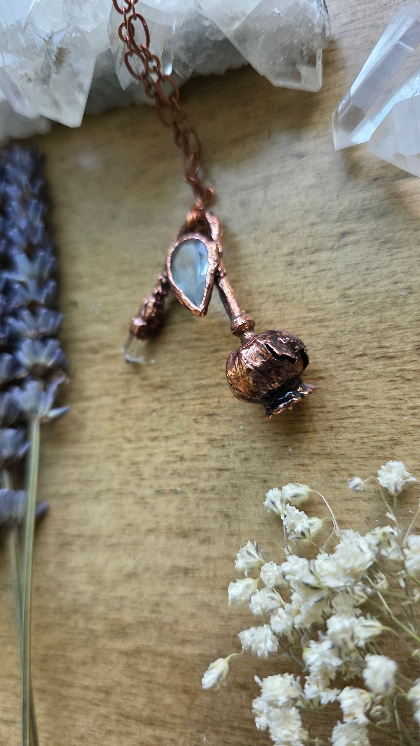 Copper Encased Poppy Pod with Aquamarine and Quartz