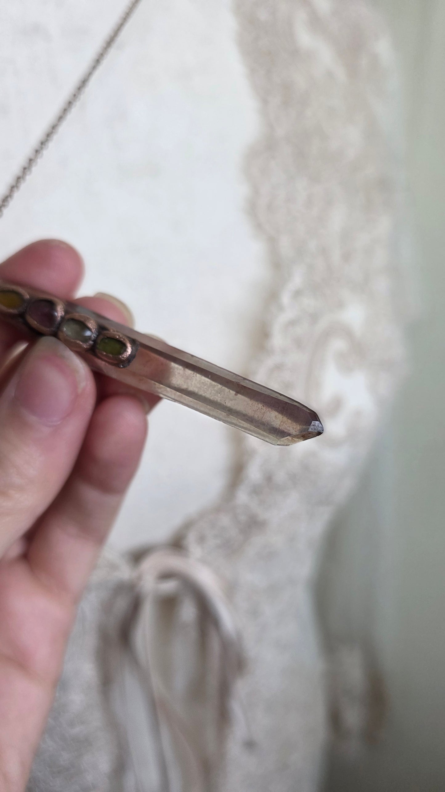 Singing Smokey Quartz Point with Tourmaline Copper Pendant