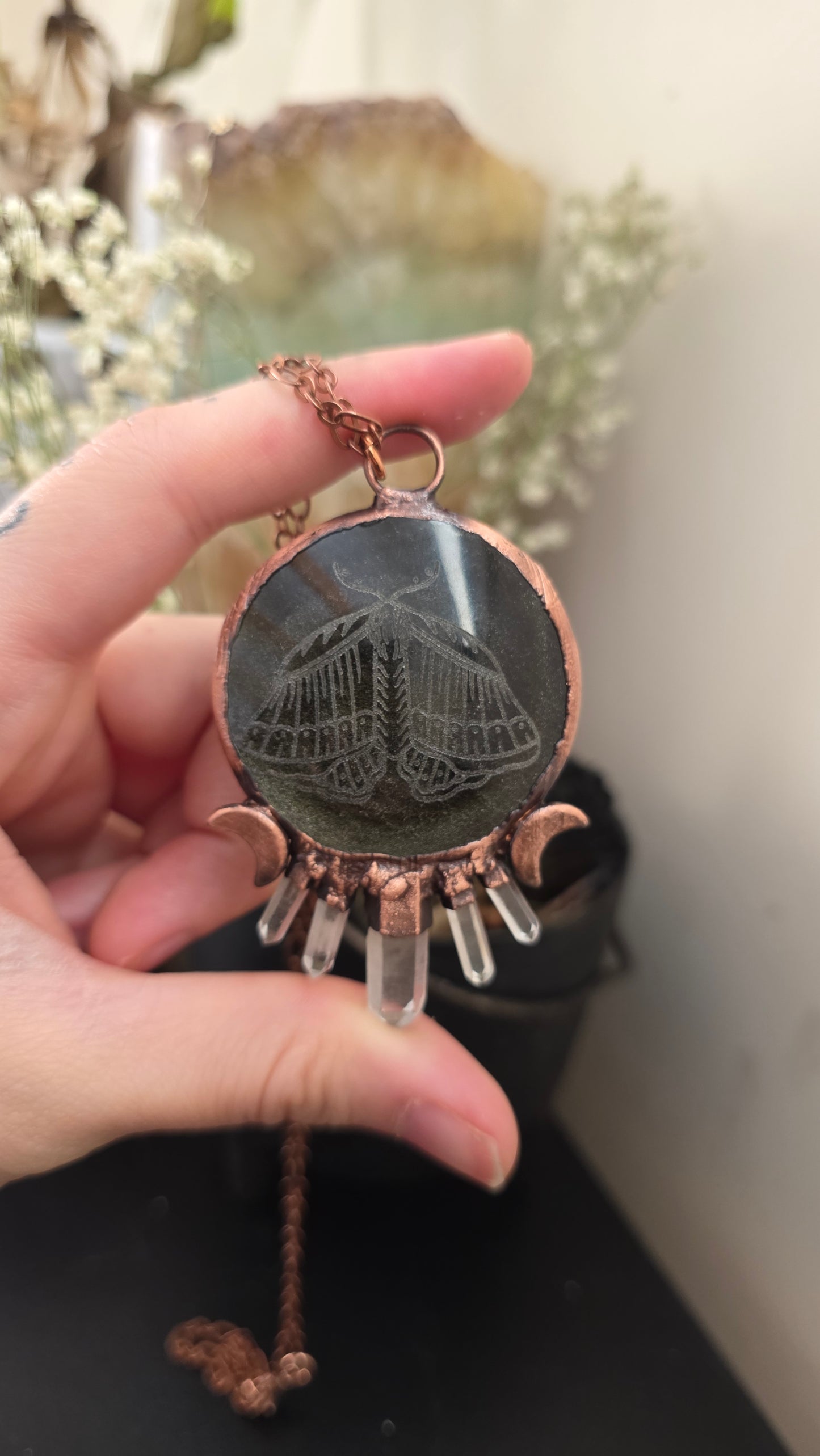 Gold sheen obsidian moth engraved copper pendant with quartz