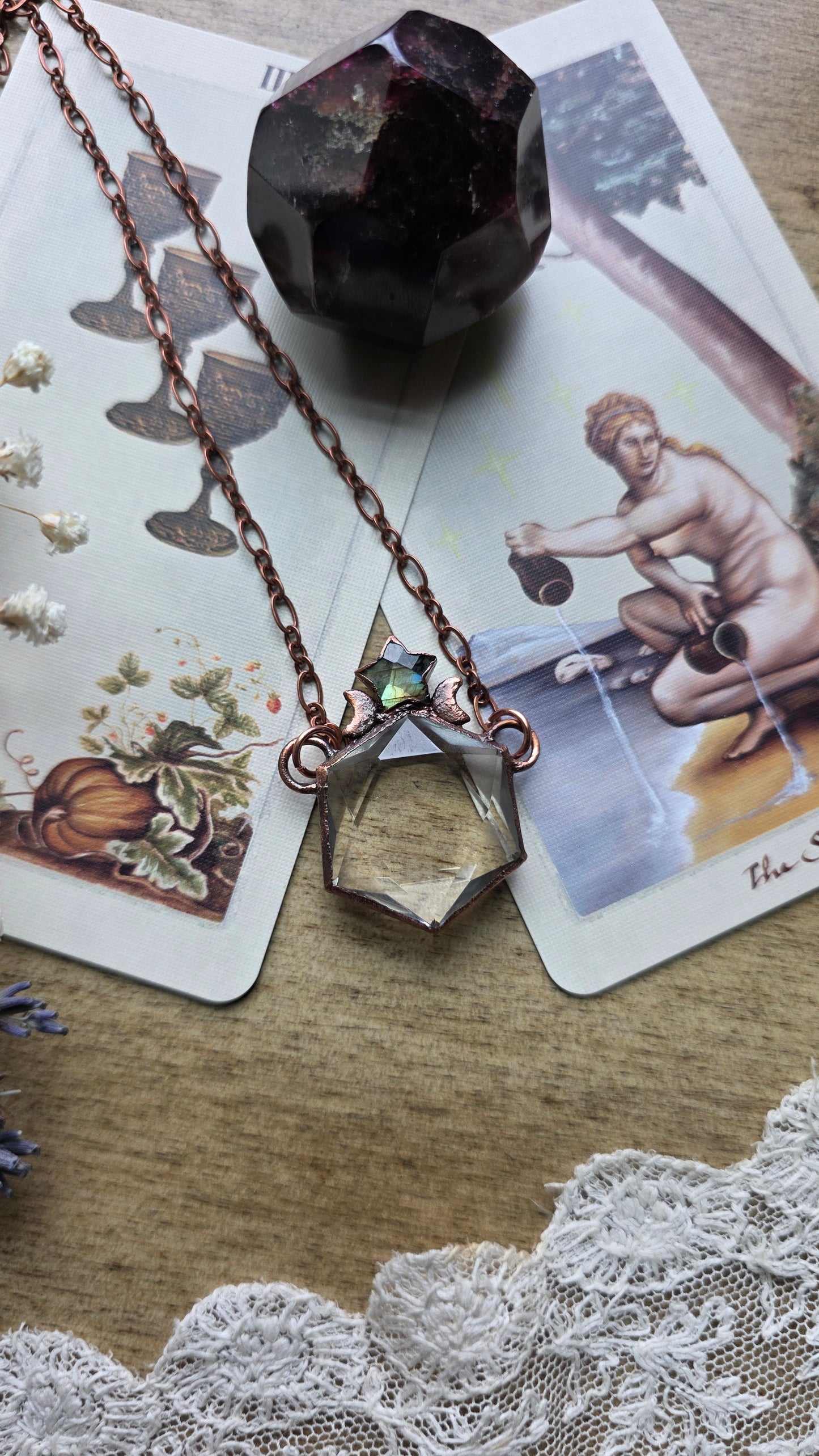 Quartz Hexagon with Labradorite Star Copper Necklace