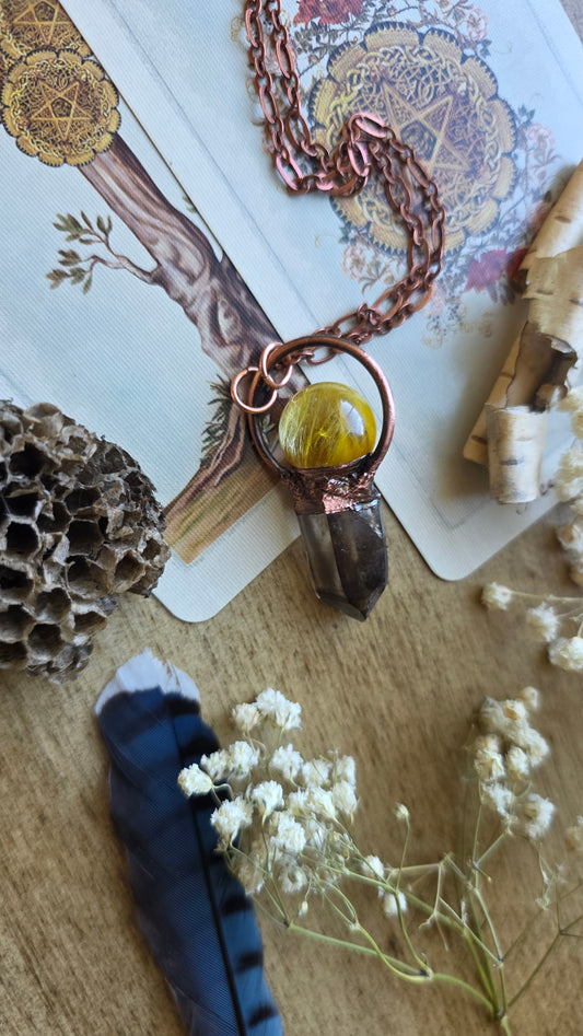 Transmute: Smokey Phantom Quartz with Rutilated Quartz Copper Necklace