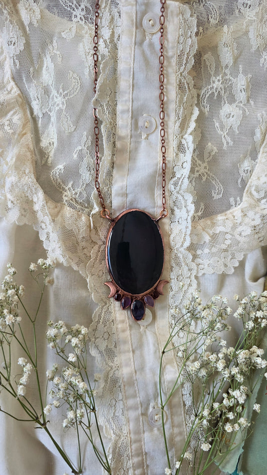 Large Rainbow Obsidian With Kyanite, Amethyst, and Garnet Copper Pendant