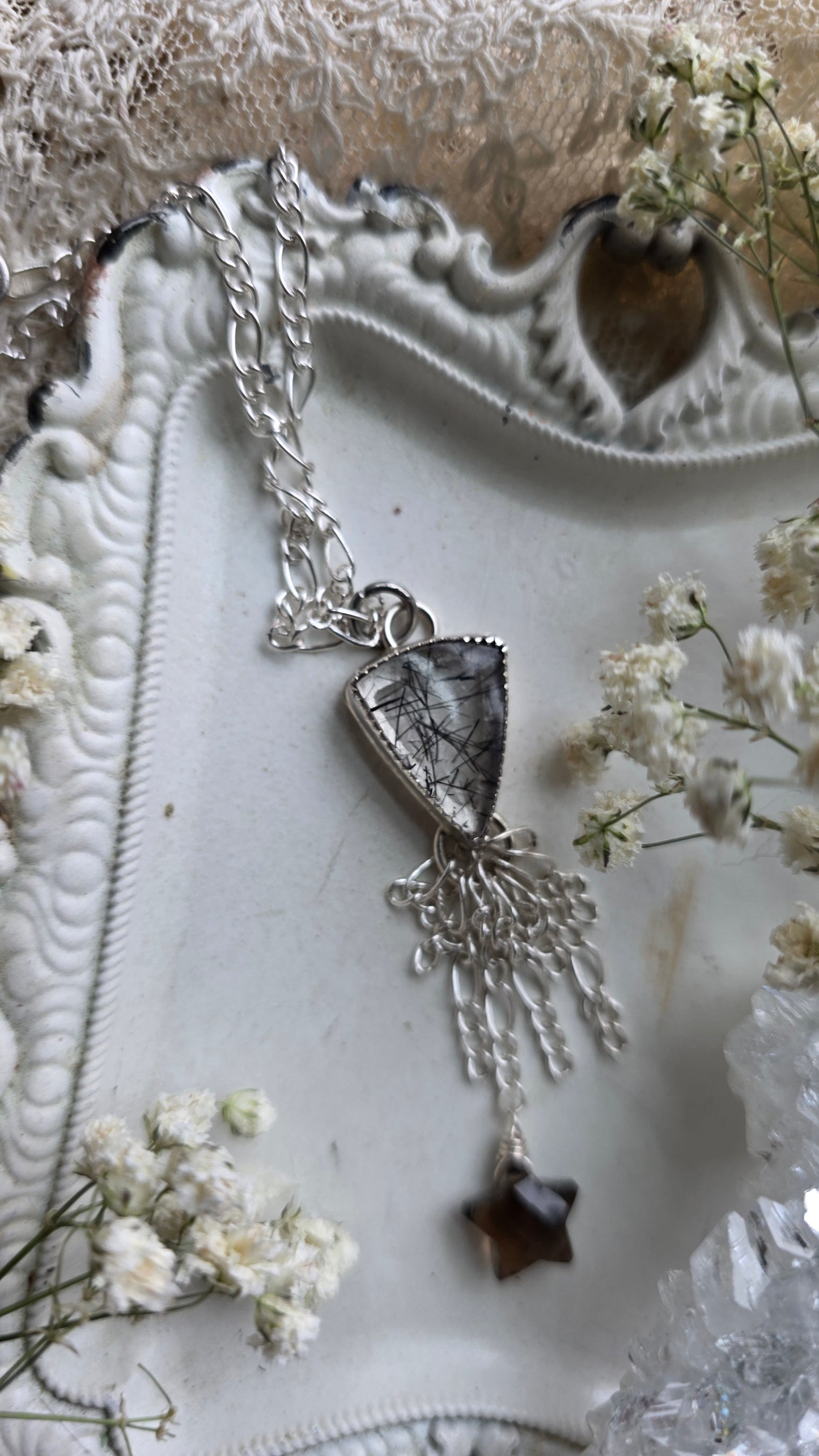 Sterling Silver Tourmalinated Quartz Chandelier Necklace with Smokey Quartz Star