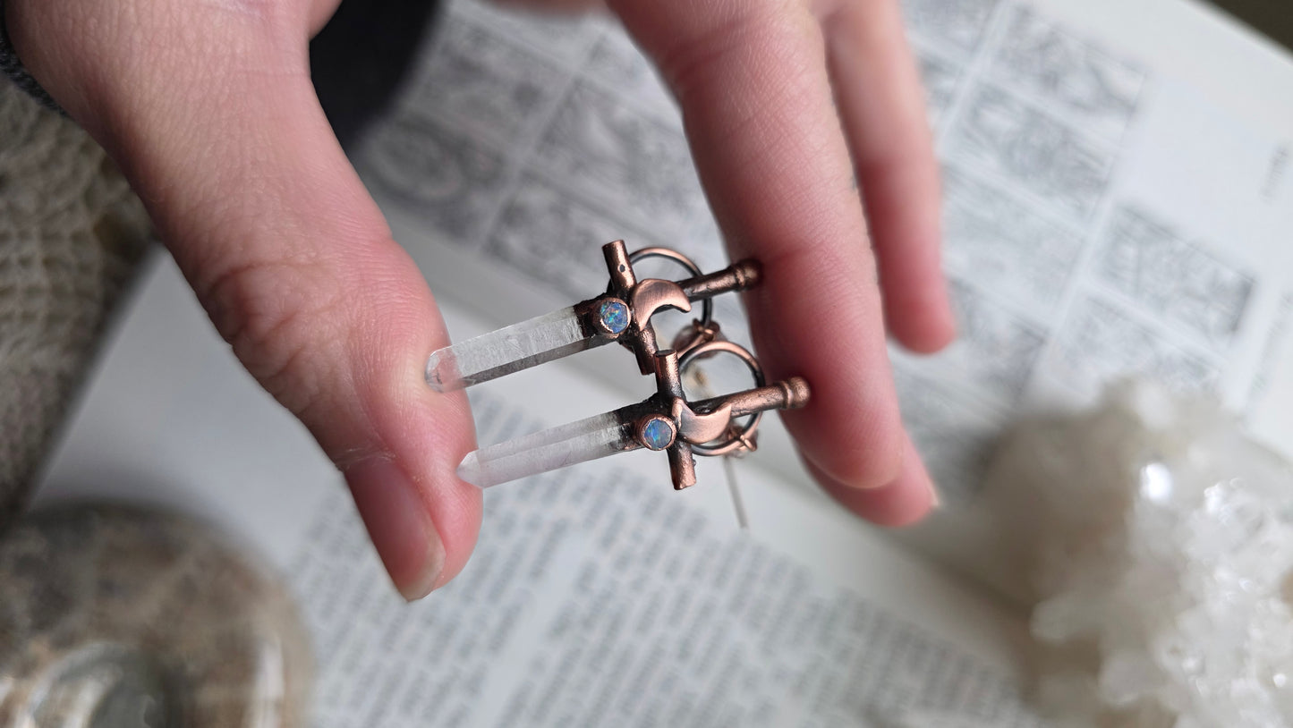 Mini quartz sword with Australian opal dangle earrings