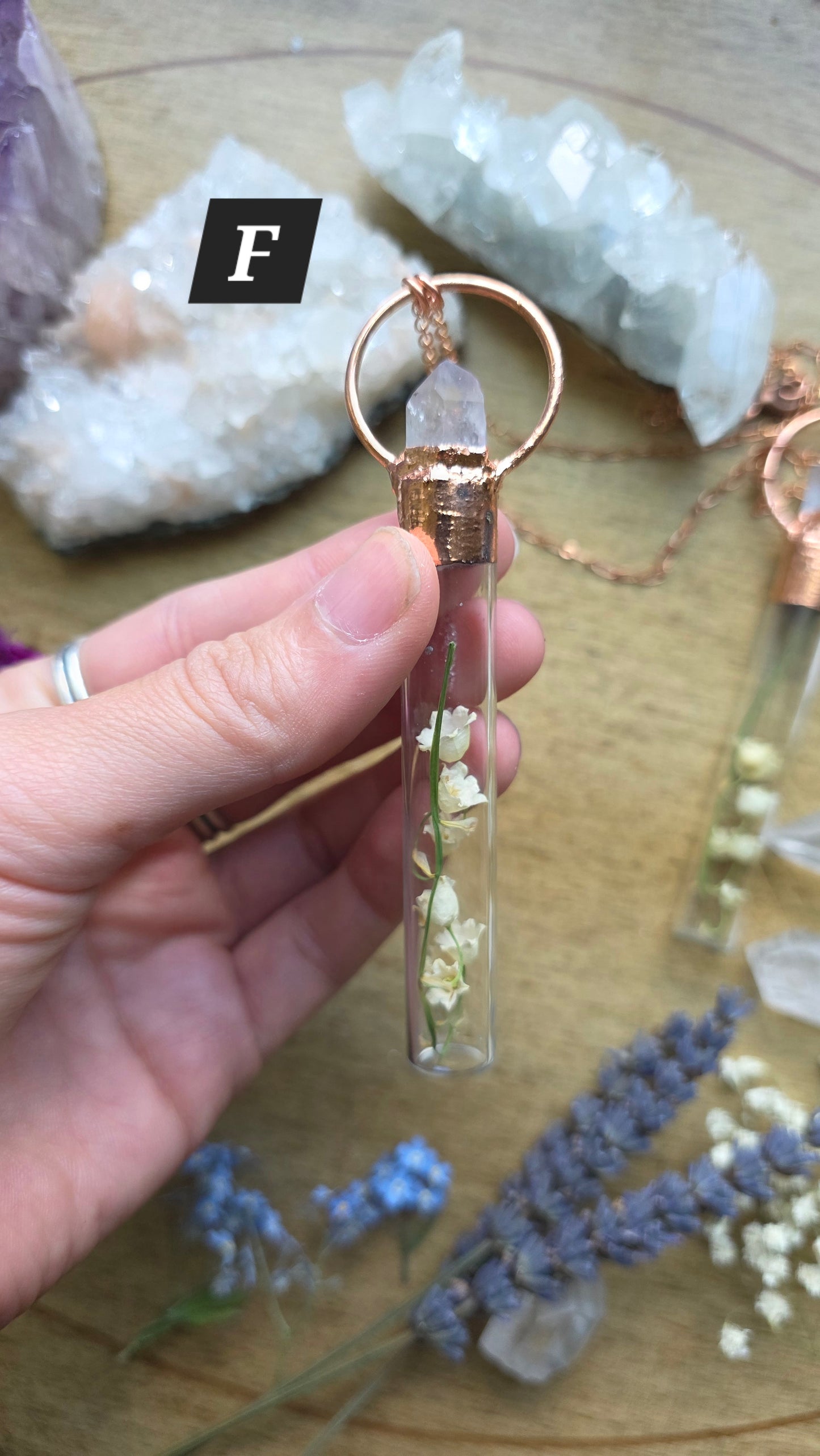 Lily of the Valley Copper Vial Necklace with Quartz