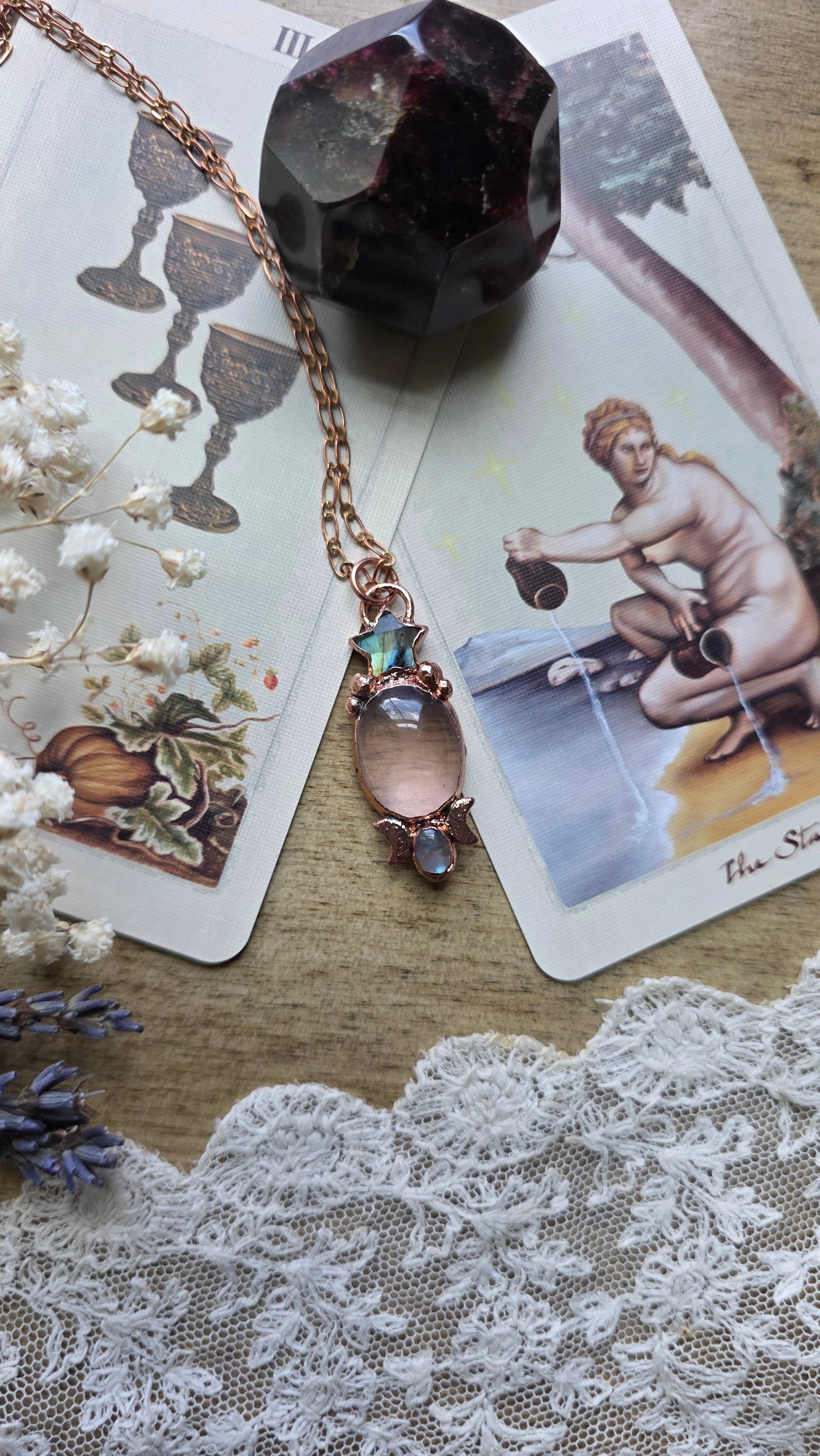 Mozambique Rose Quartz with Labradorite Star and Moonstone Copper Necklace